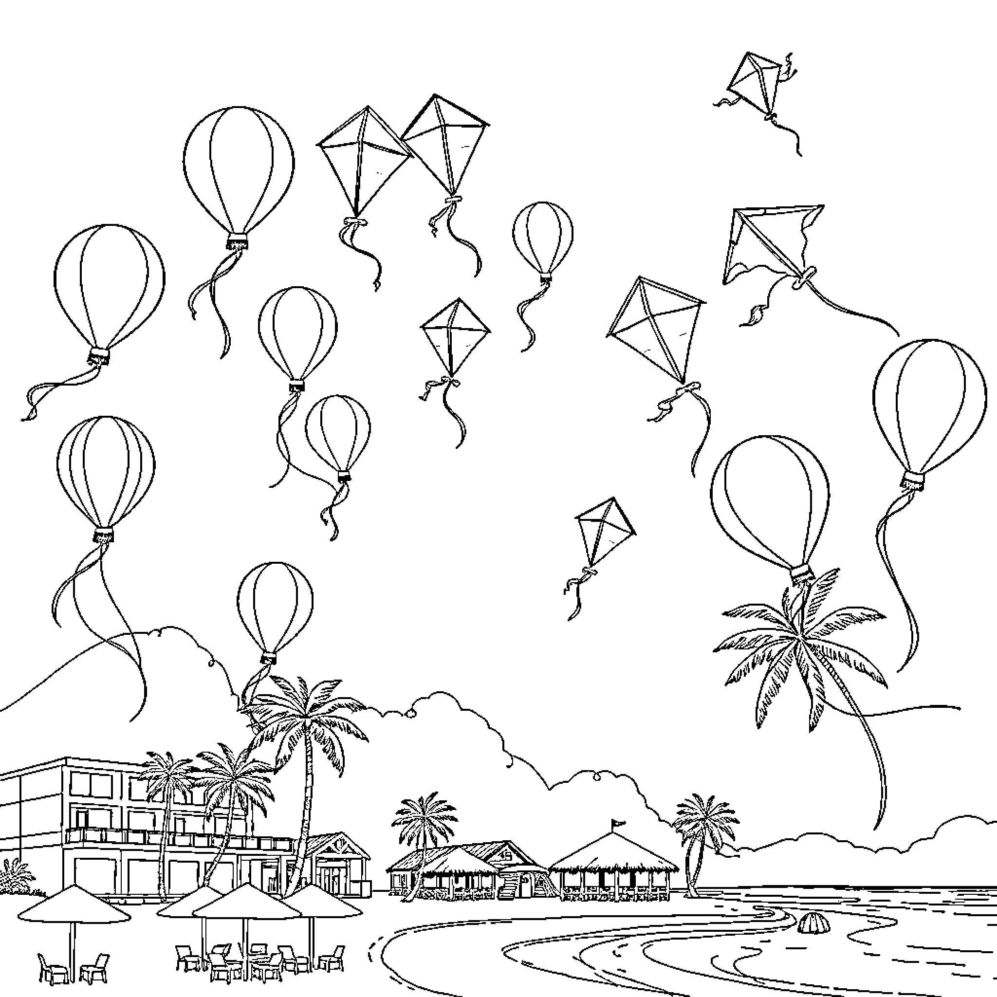 Balloon Festival in Tropical Paradise Coloring Page (free black-and-white line drawing printable PDF for all, from beginners to advanced learners, including children, teens, adults, and seniors)