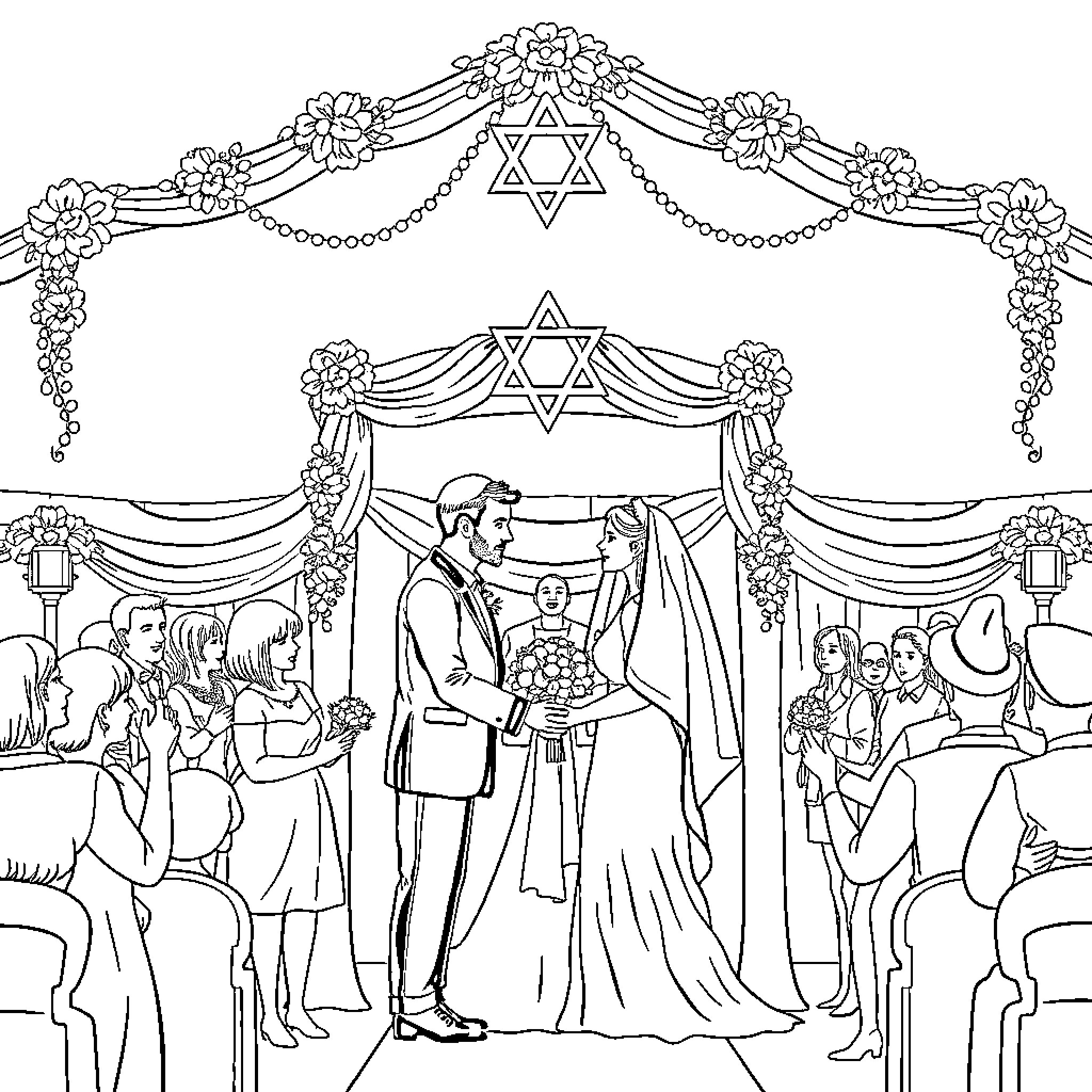 Jewish Wedding Ceremony with Bride, Groom, and Guests Coloring Page (free black-and-white line drawing printable PDF for all, from beginners to advanced learners, including children, teens, adults, and seniors)