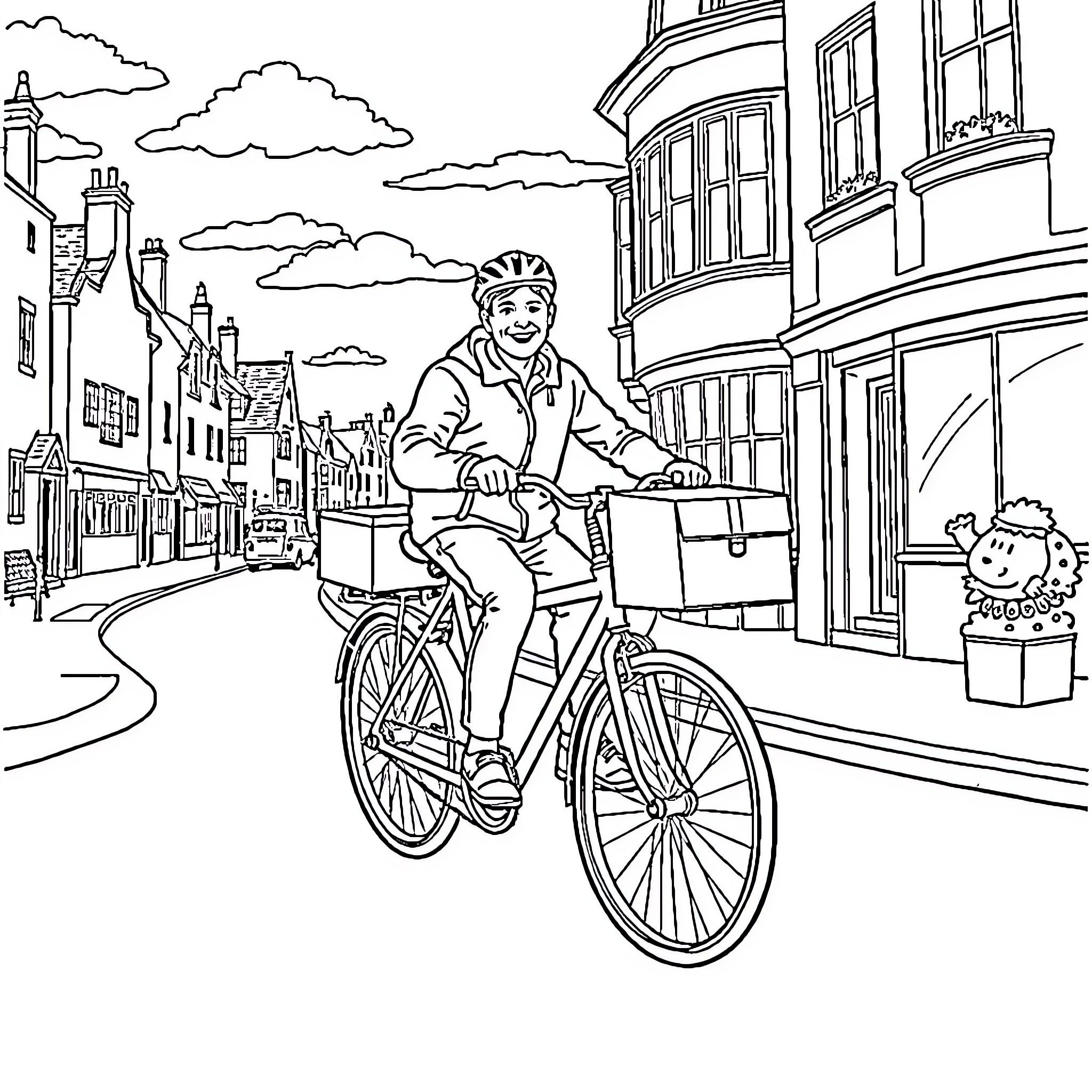 Bicycle Ride in a Historic Town Coloring Page (free black-and-white line drawing printable PDF for all, from beginners to advanced learners, including children, teens, adults, and seniors)