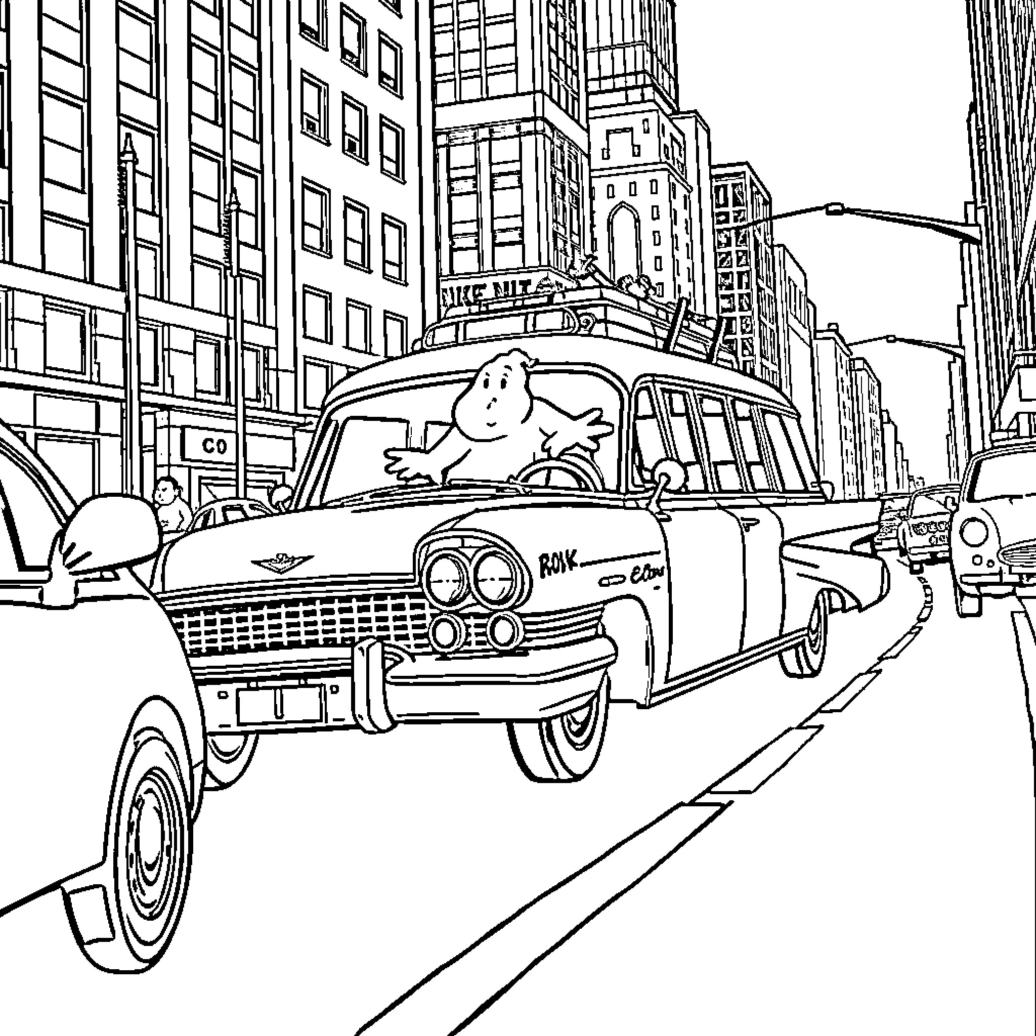 Ecto 1 Ghostbusters Vehicle in Cartoon City Coloring Page (free black-and-white line drawing printable PDF for all, from beginners to advanced learners, including children, teens, adults, and seniors)
