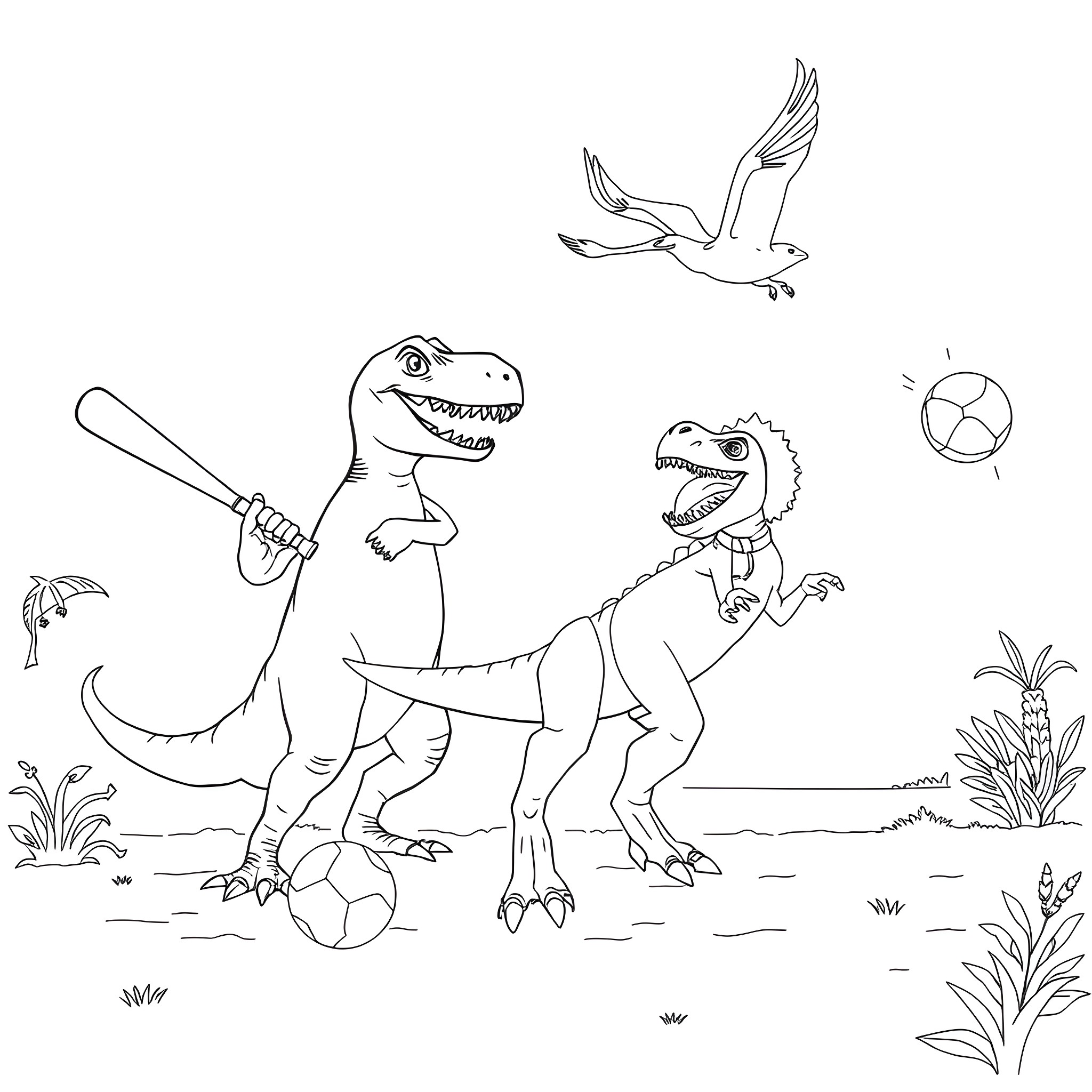 Dinosaurs playing baseball in the park Coloring Page (free black-and-white line drawing printable PDF for all, from beginners to advanced learners, including children, teens, adults, and seniors)