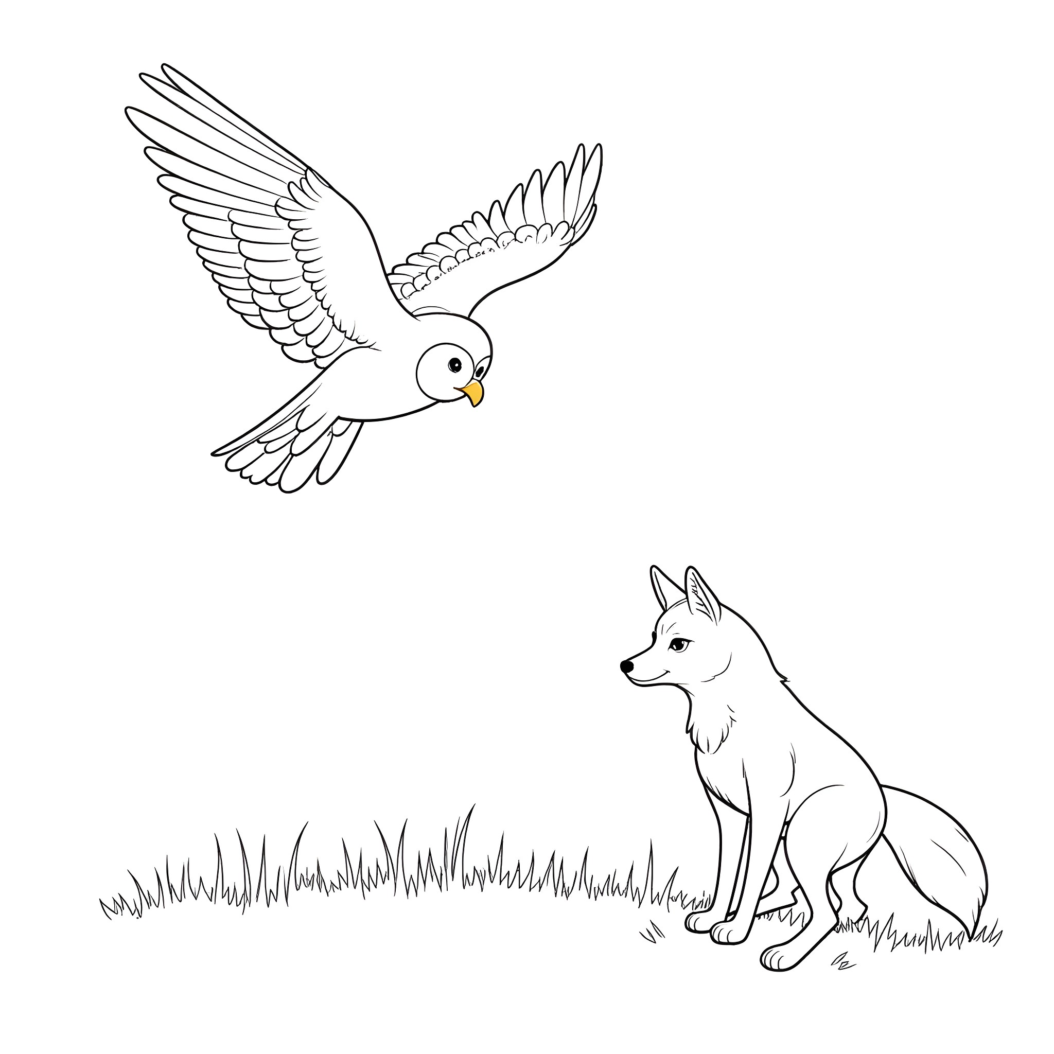 Owl flying above a watchful wolf Coloring Page (free black-and-white line drawing printable PDF for all, from beginners to advanced learners, including children, teens, adults, and seniors)