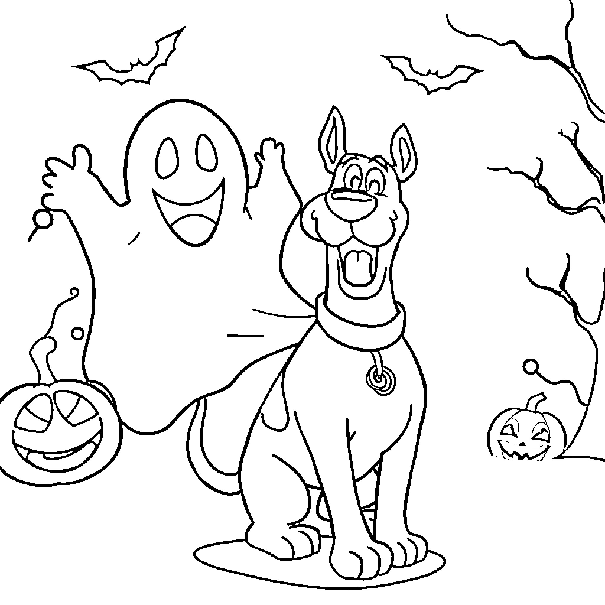Scooby Doo's Spooky Halloween Adventure Coloring Page (free black-and-white line drawing printable PDF for all, from beginners to advanced learners, including children, teens, adults, and seniors)