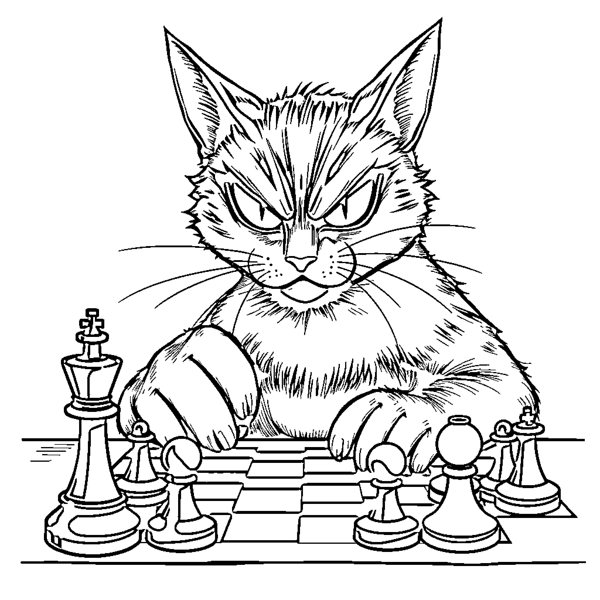 Cat strategizing chess moves on the board Coloring Page (free black-and-white line drawing printable PDF for all, from beginners to advanced learners, including children, teens, adults, and seniors)