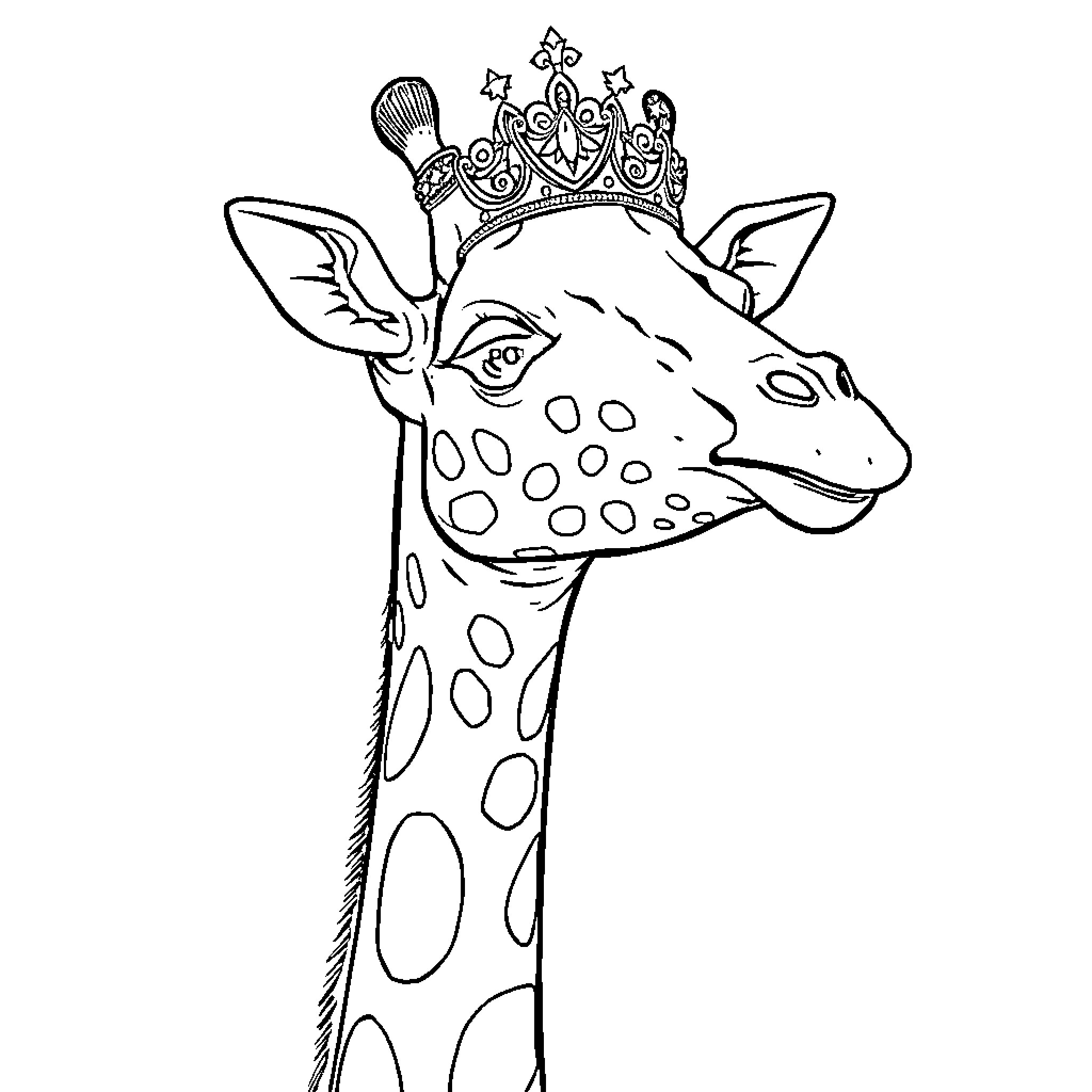 Giraffe wearing a crown and expressing curiosity Coloring Page (free black-and-white line drawing printable PDF for all, from beginners to advanced learners, including children, teens, adults, and seniors)