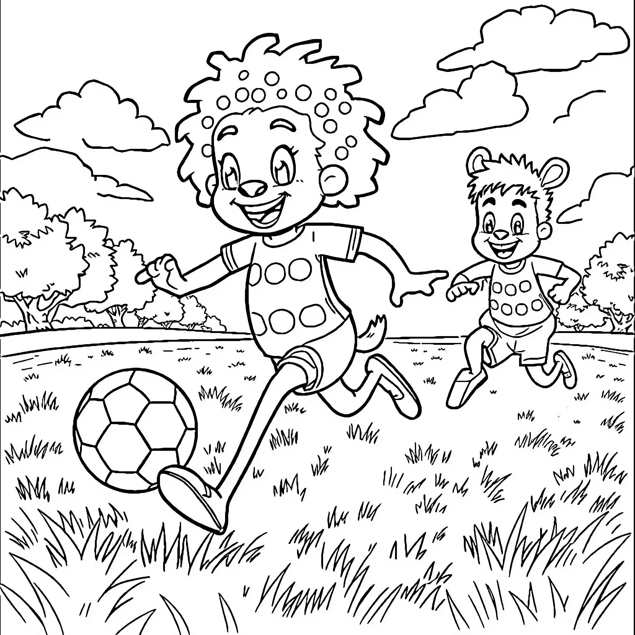 Boumba kids playing soccer in the park Coloring Page (free black-and-white line drawing printable PDF for all, from beginners to advanced learners, including children, teens, adults, and seniors)