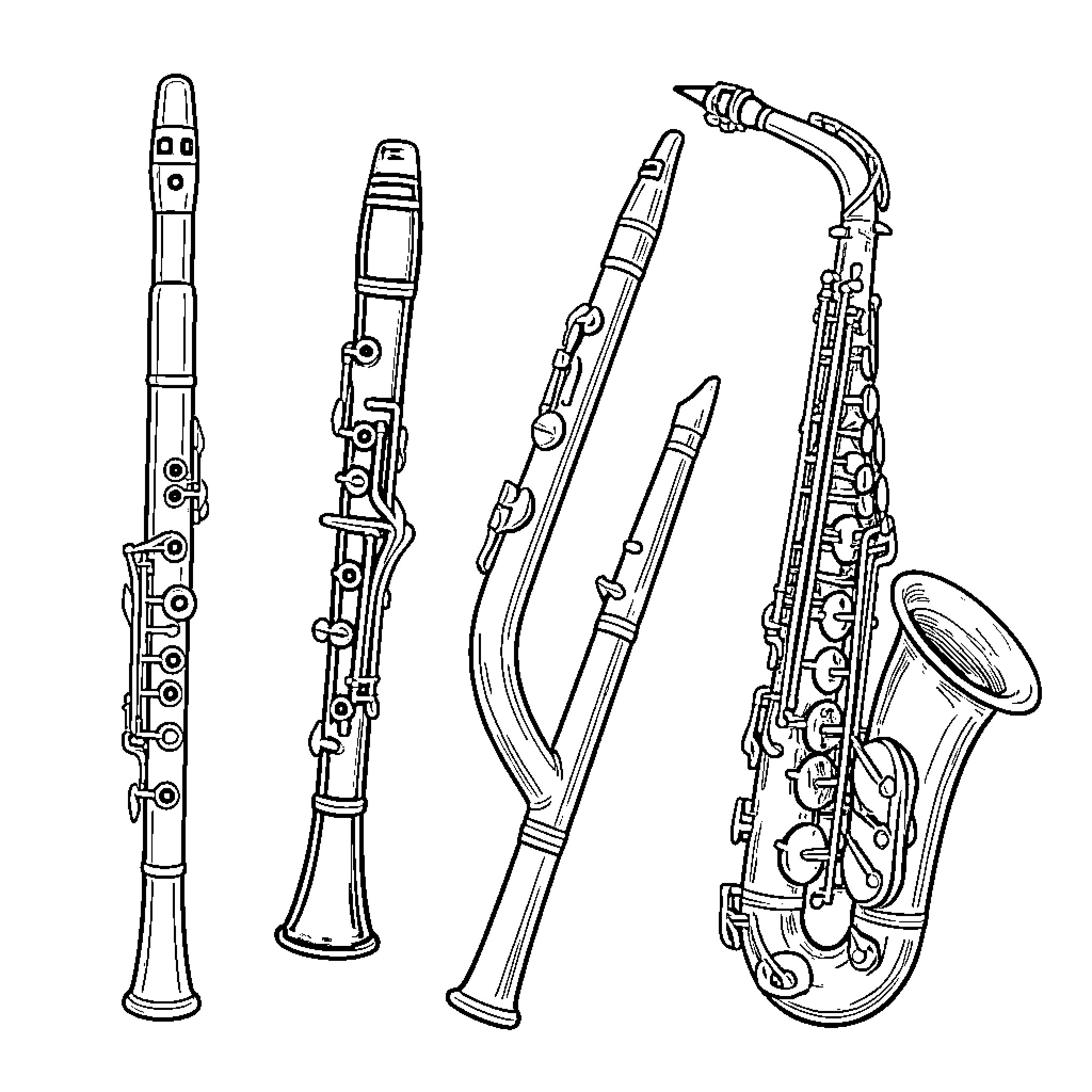 Instrumento musical: uma coleção de instrumentos de sopro Coloring Page (free black-and-white line drawing printable PDF for all, from beginners to advanced learners, including children, teens, adults, and seniors)