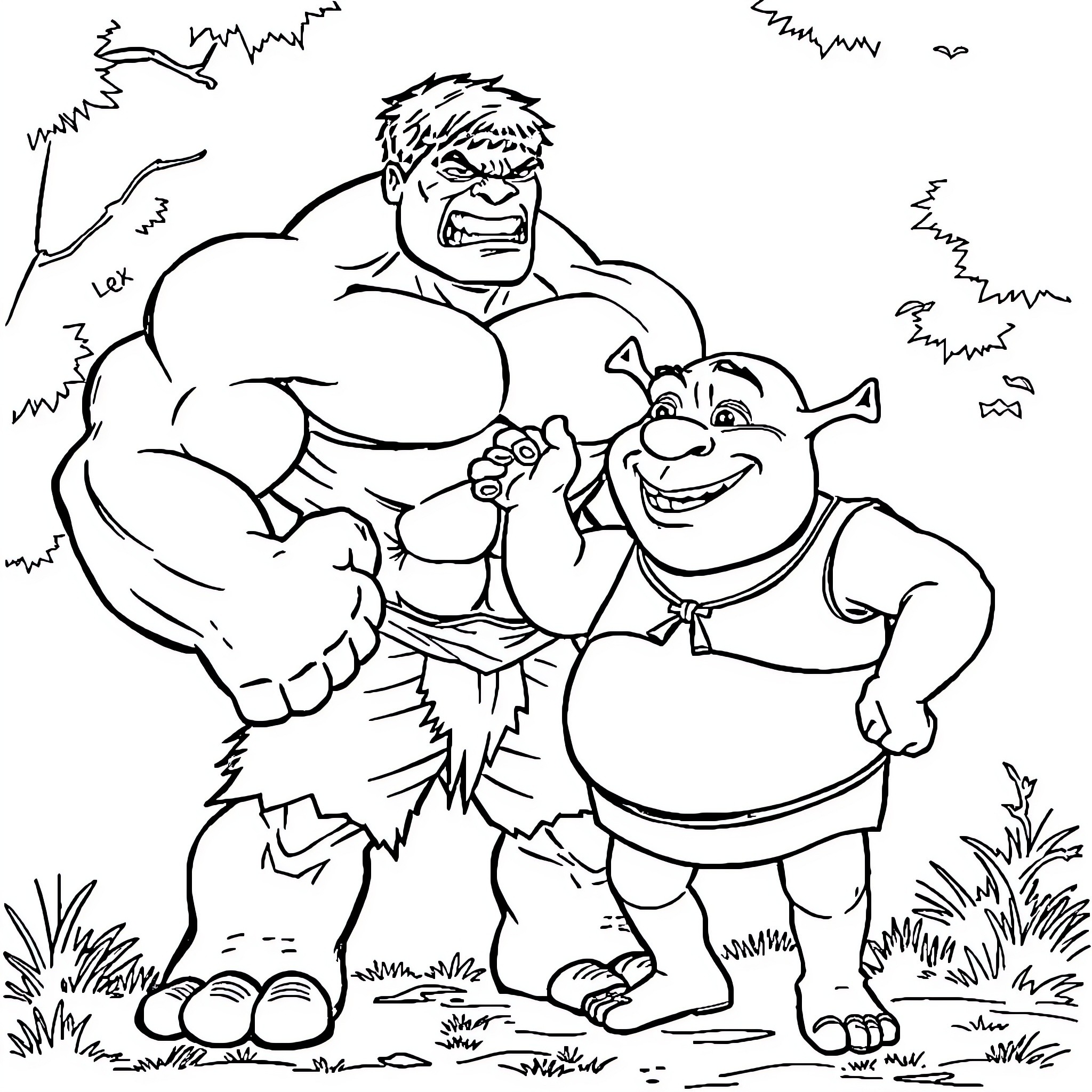 Hulk Defeating a Giant Foe in the Wild Coloring Page (free black-and-white line drawing printable PDF for all, from beginners to advanced learners, including children, teens, adults, and seniors)