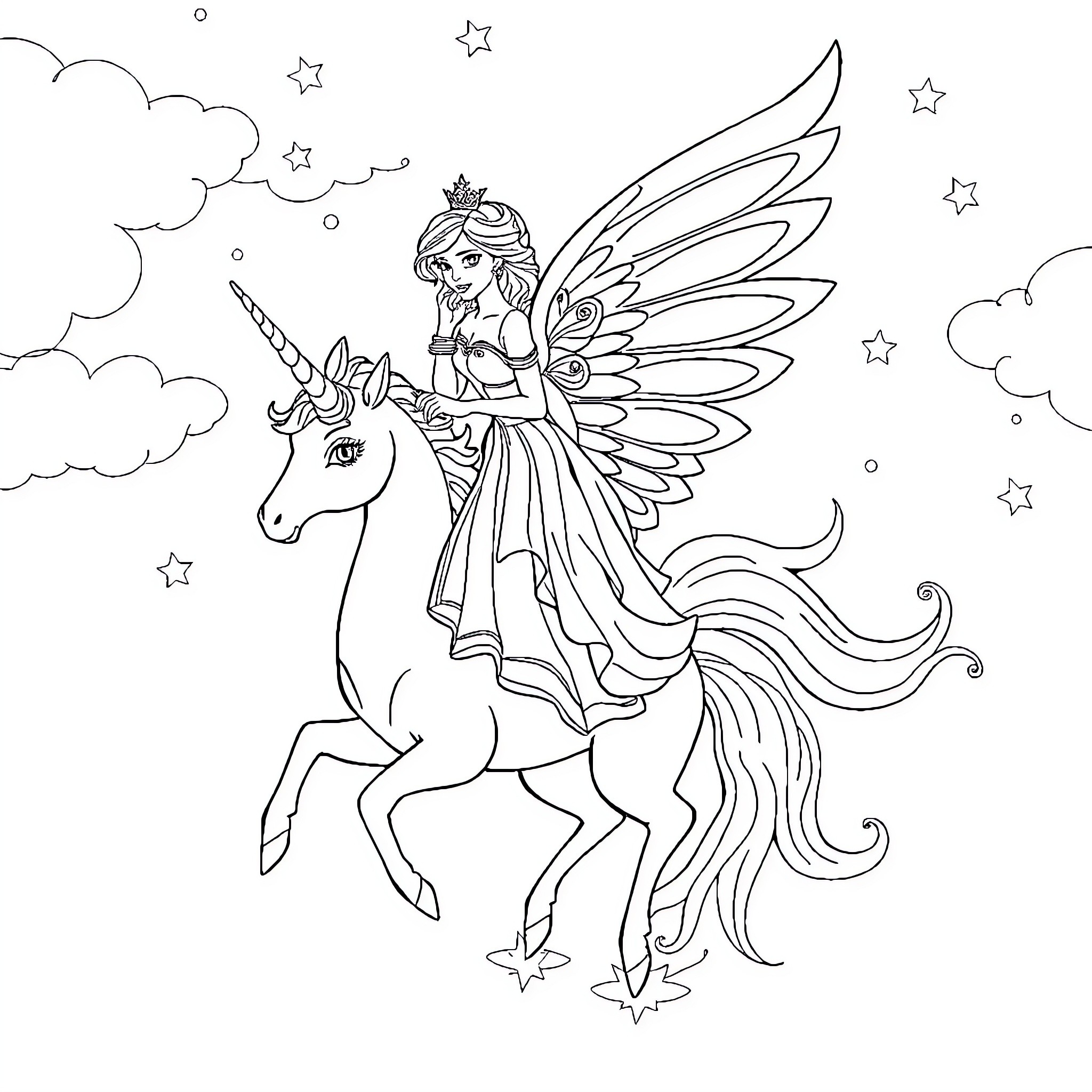 Princess riding a magical unicorn in the starry night Coloring Page (free black-and-white line drawing printable PDF for all, from beginners to advanced learners, including children, teens, adults, and seniors)