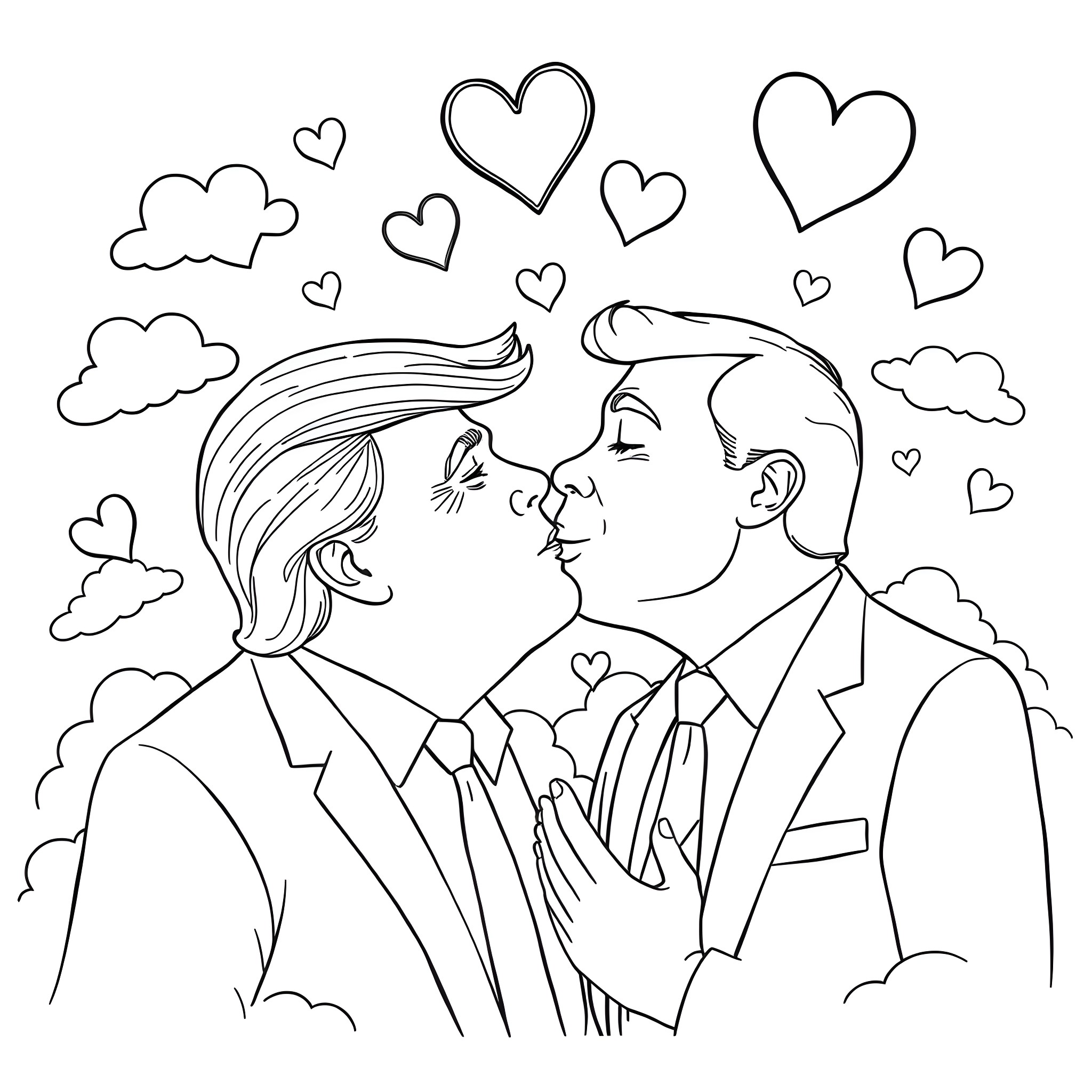 Trump's romantic moment with someone Coloring Page (free black-and-white line drawing printable PDF for all, from beginners to advanced learners, including children, teens, adults, and seniors)