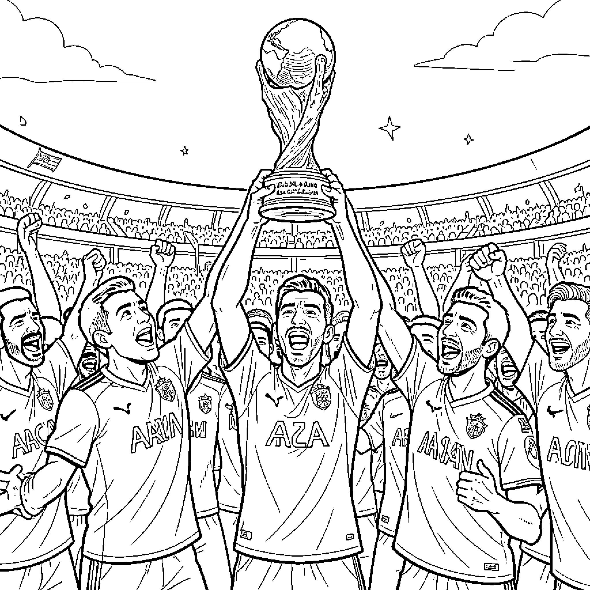 Moroccan Team celebrating a victory with a trophy Coloring Page (free black-and-white line drawing printable PDF for all, from beginners to advanced learners, including children, teens, adults, and seniors)