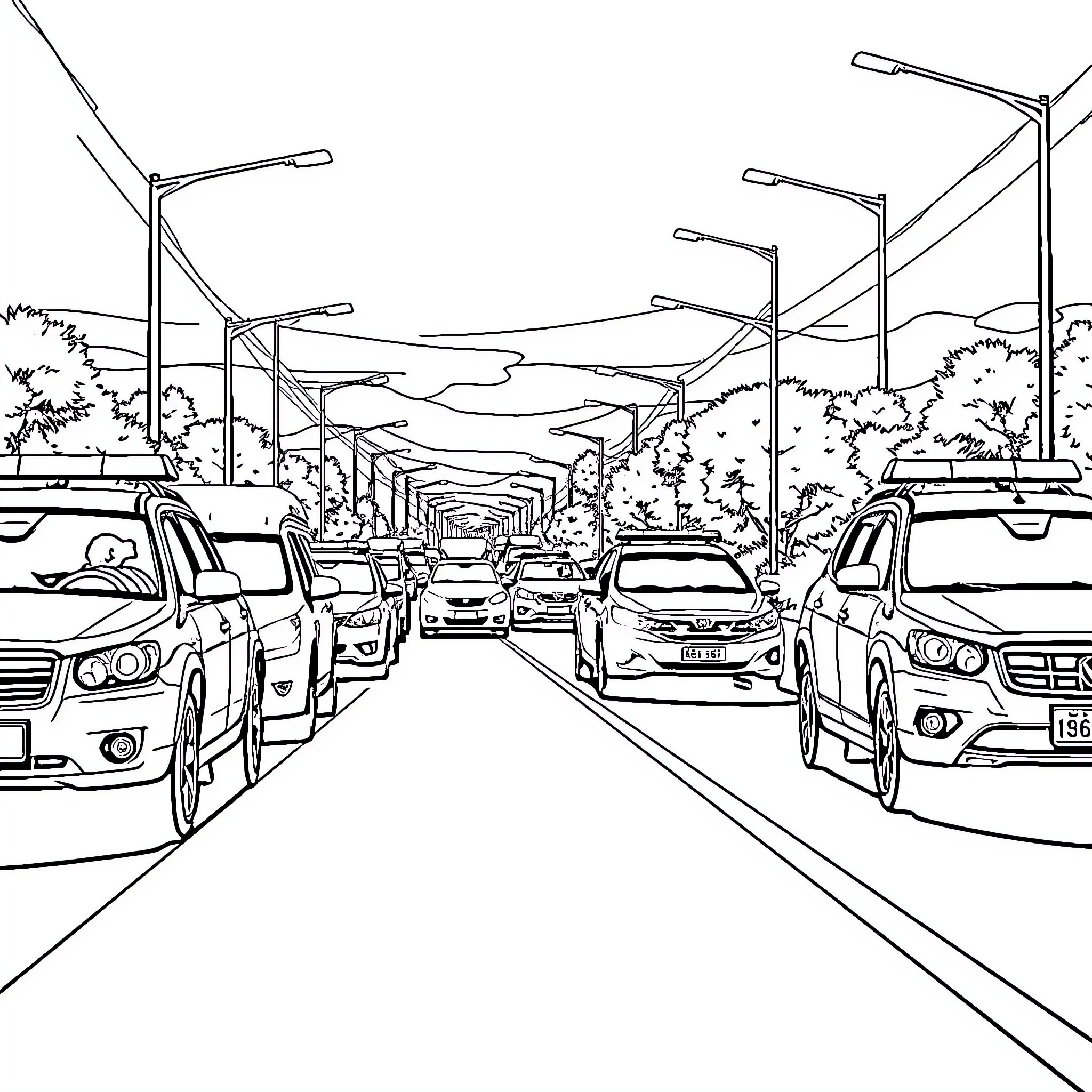 Police Cars Patrolling a Busy City Street Coloring Page (free black-and-white line drawing printable PDF for all, from beginners to advanced learners, including children, teens, adults, and seniors)
