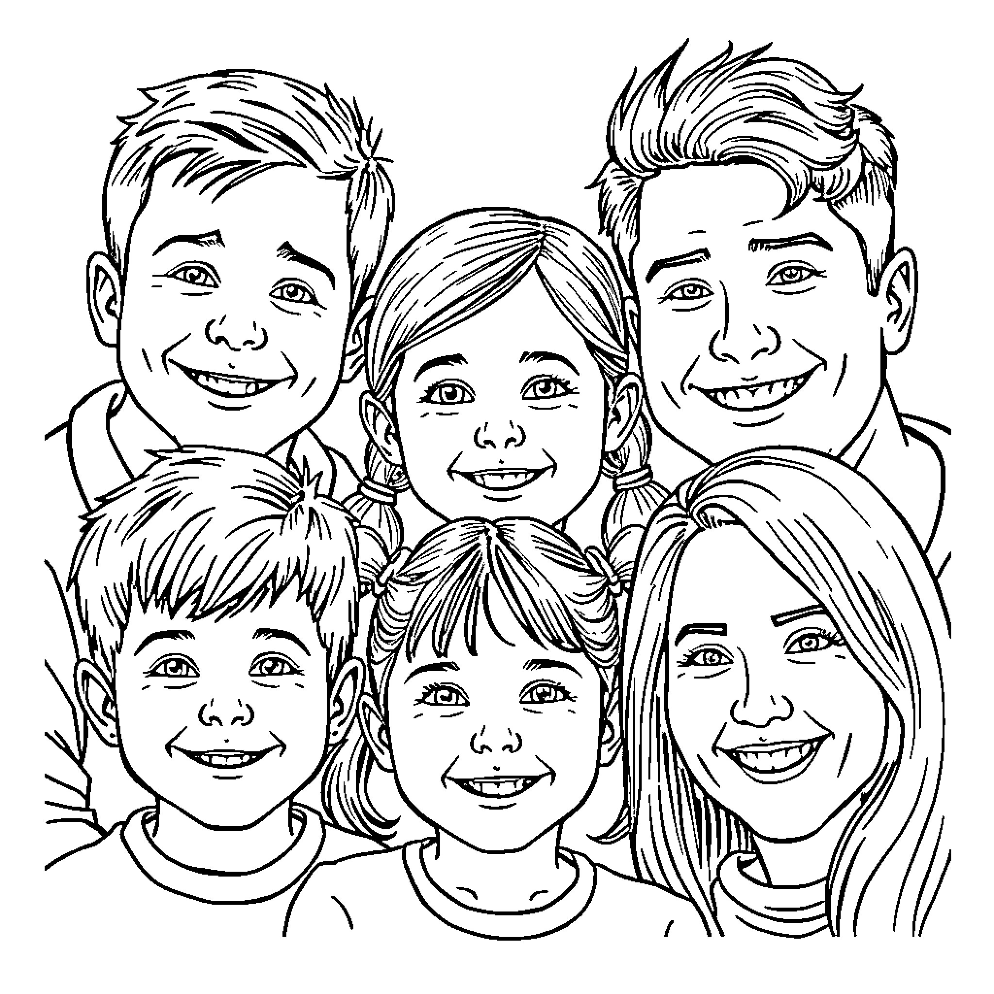 Family enjoying a happy moment together Coloring Page (free black-and-white line drawing printable PDF for all, from beginners to advanced learners, including children, teens, adults, and seniors)