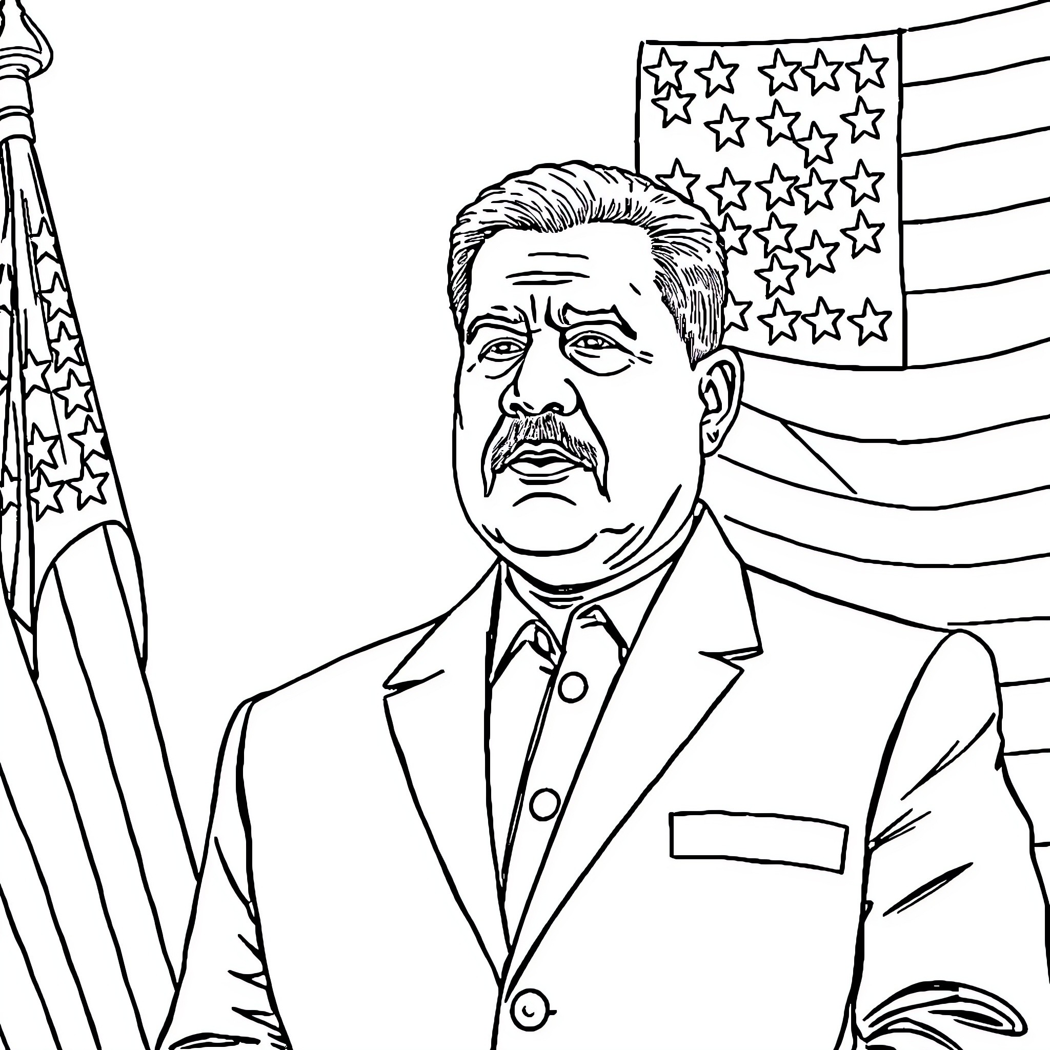 President standing proudly with American flag Coloring Page (free black-and-white line drawing printable PDF for all, from beginners to advanced learners, including children, teens, adults, and seniors)