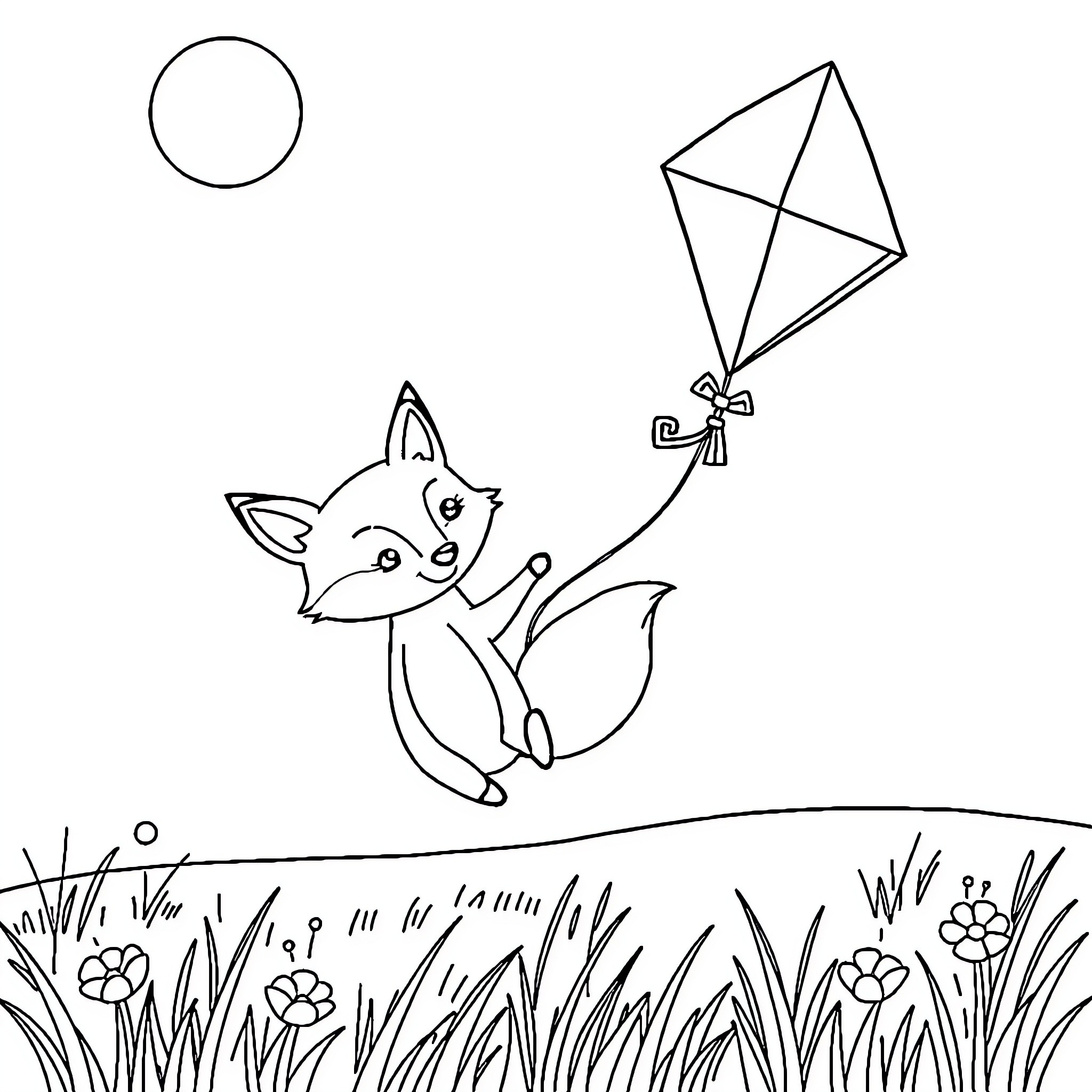 Fox playing with kite in grassy field Coloring Page (free black-and-white line drawing printable PDF for all, from beginners to advanced learners, including children, teens, adults, and seniors)