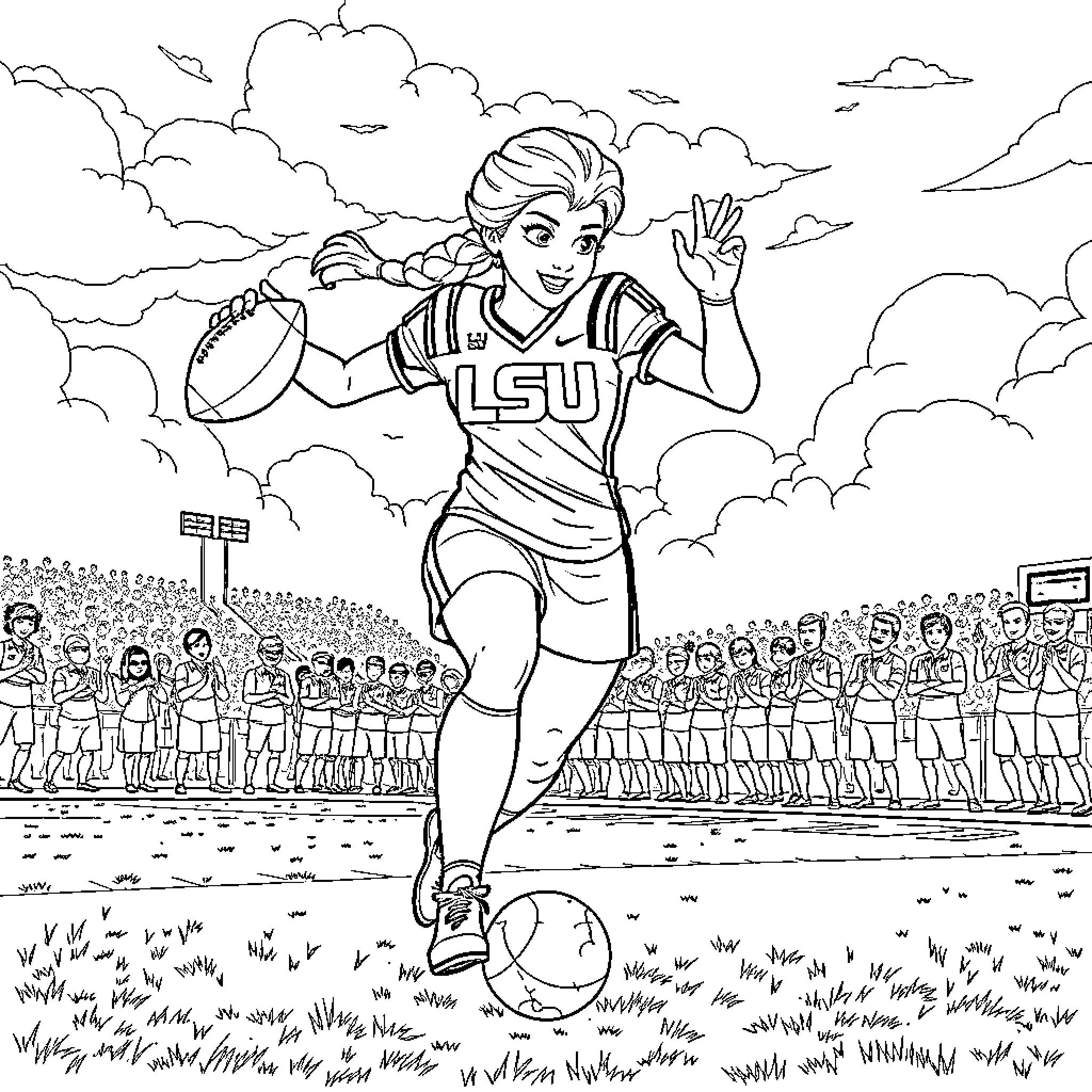 Elsa Scores a Touchdown in the Big Game Coloring Page (free black-and-white line drawing printable PDF for all, from beginners to advanced learners, including children, teens, adults, and seniors)