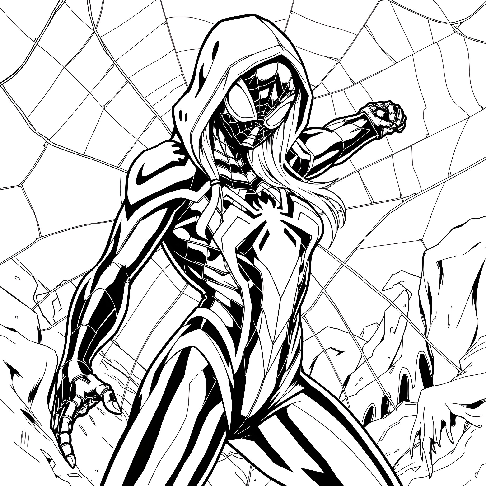 Gwen Stacey in Fierce Combat Stance Coloring Page (free black-and-white line drawing printable PDF for all, from beginners to advanced learners, including children, teens, adults, and seniors)