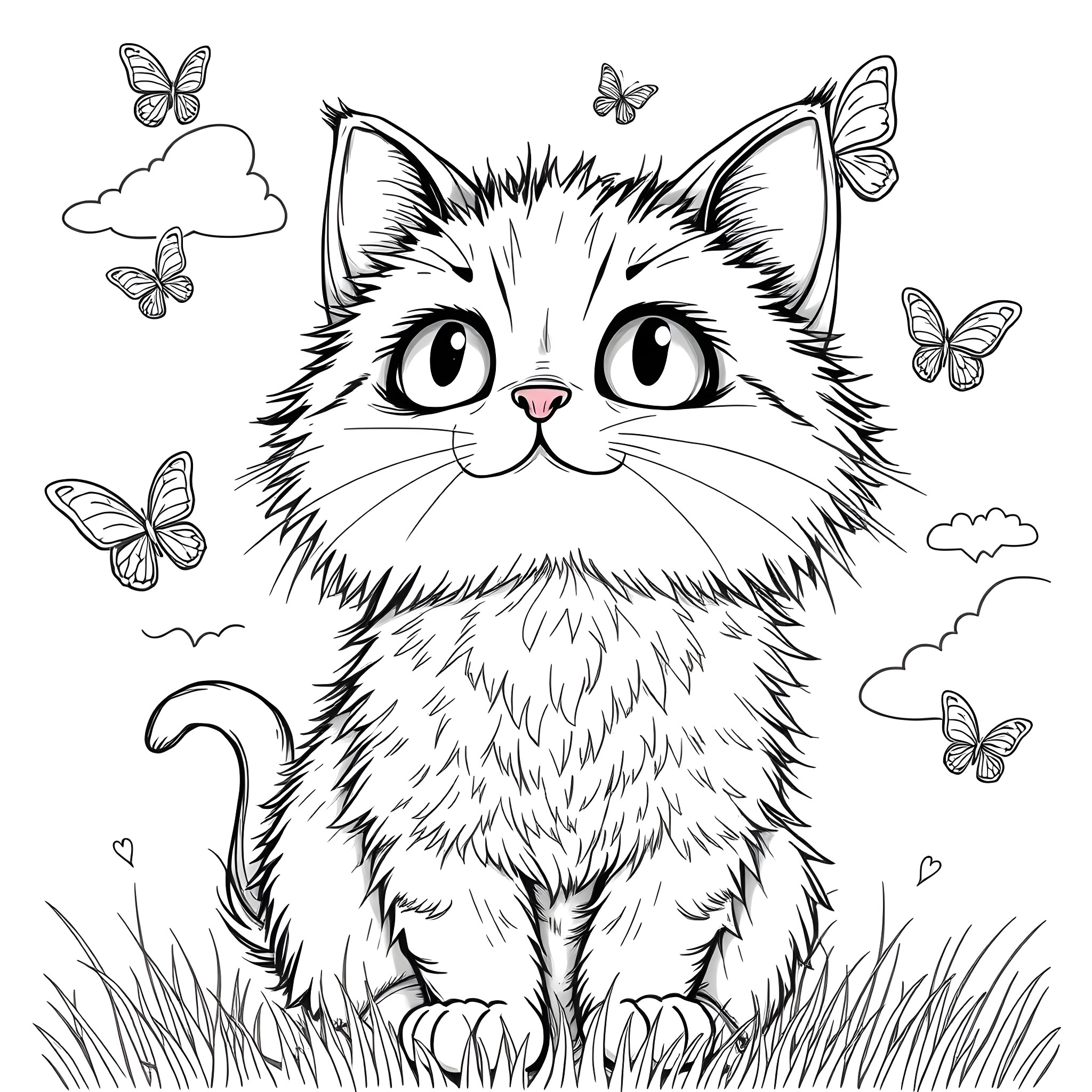 Cat enjoying butterflies in a field Coloring Page (free black-and-white line drawing printable PDF for all, from beginners to advanced learners, including children, teens, adults, and seniors)