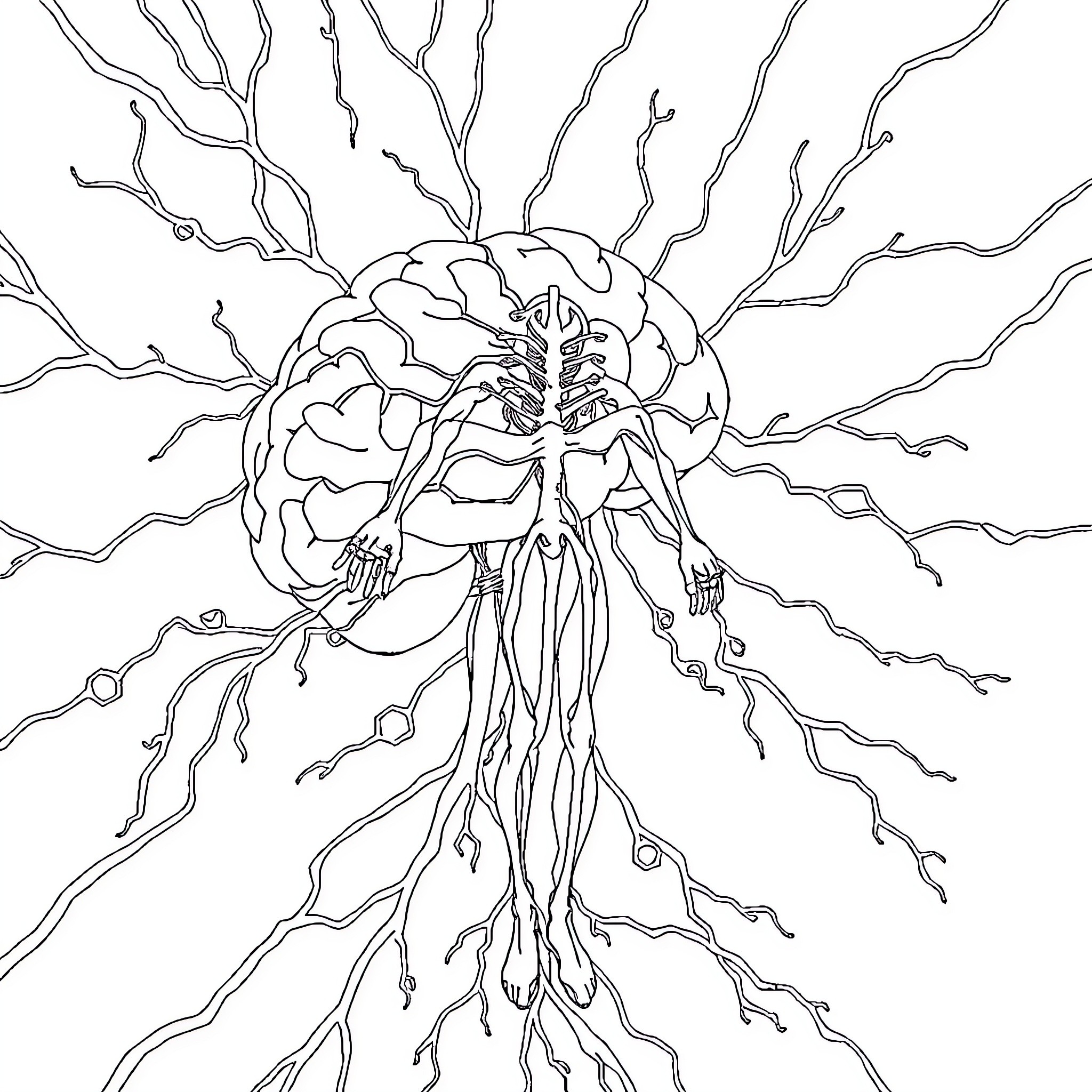 Nervous System Anatomy Abstract Illustration Coloring Page (free black-and-white line drawing printable PDF for all, from beginners to advanced learners, including children, teens, adults, and seniors)