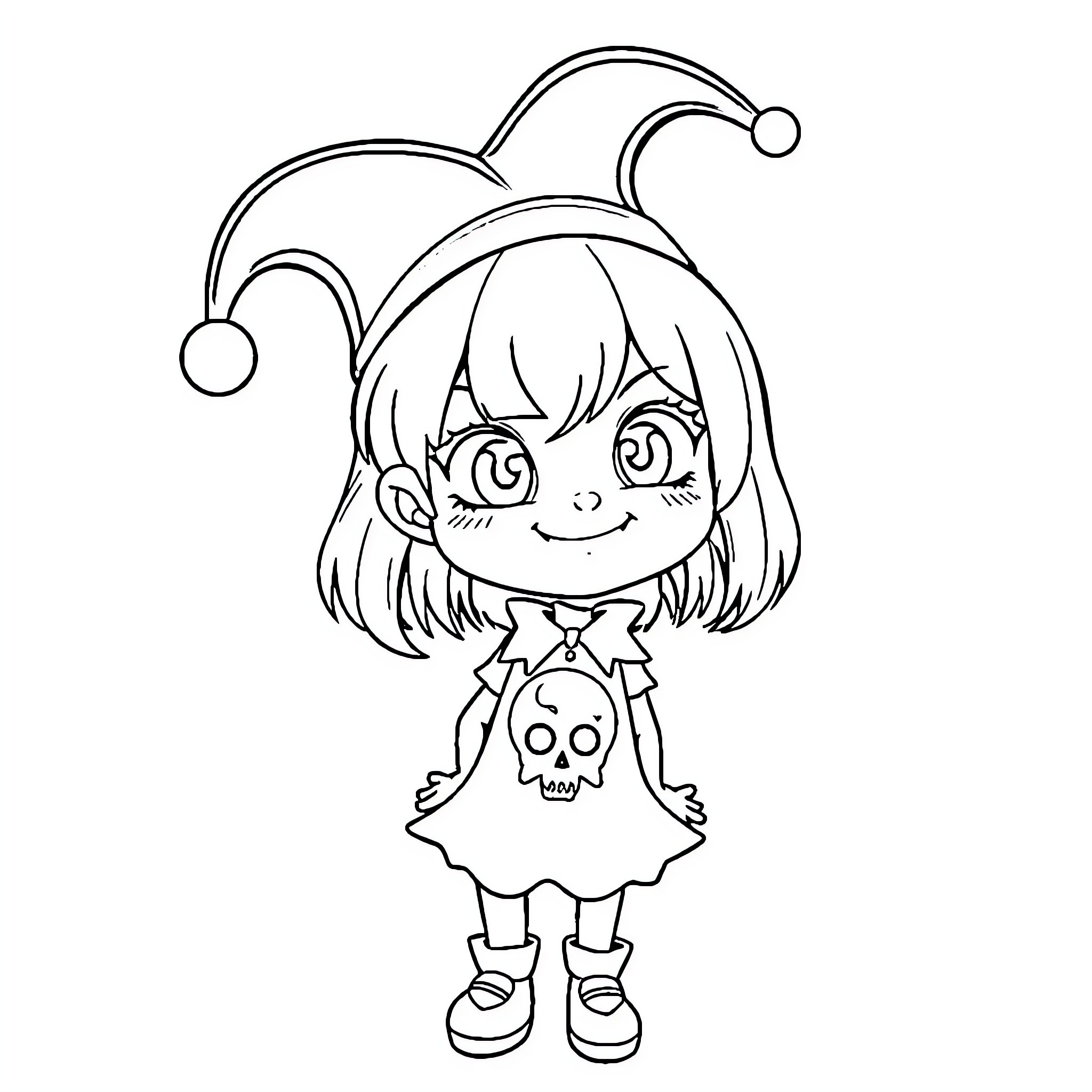 Kuromi wearing jester-like outfit and smiling Coloring Page (free black-and-white line drawing printable PDF for all, from beginners to advanced learners, including children, teens, adults, and seniors)