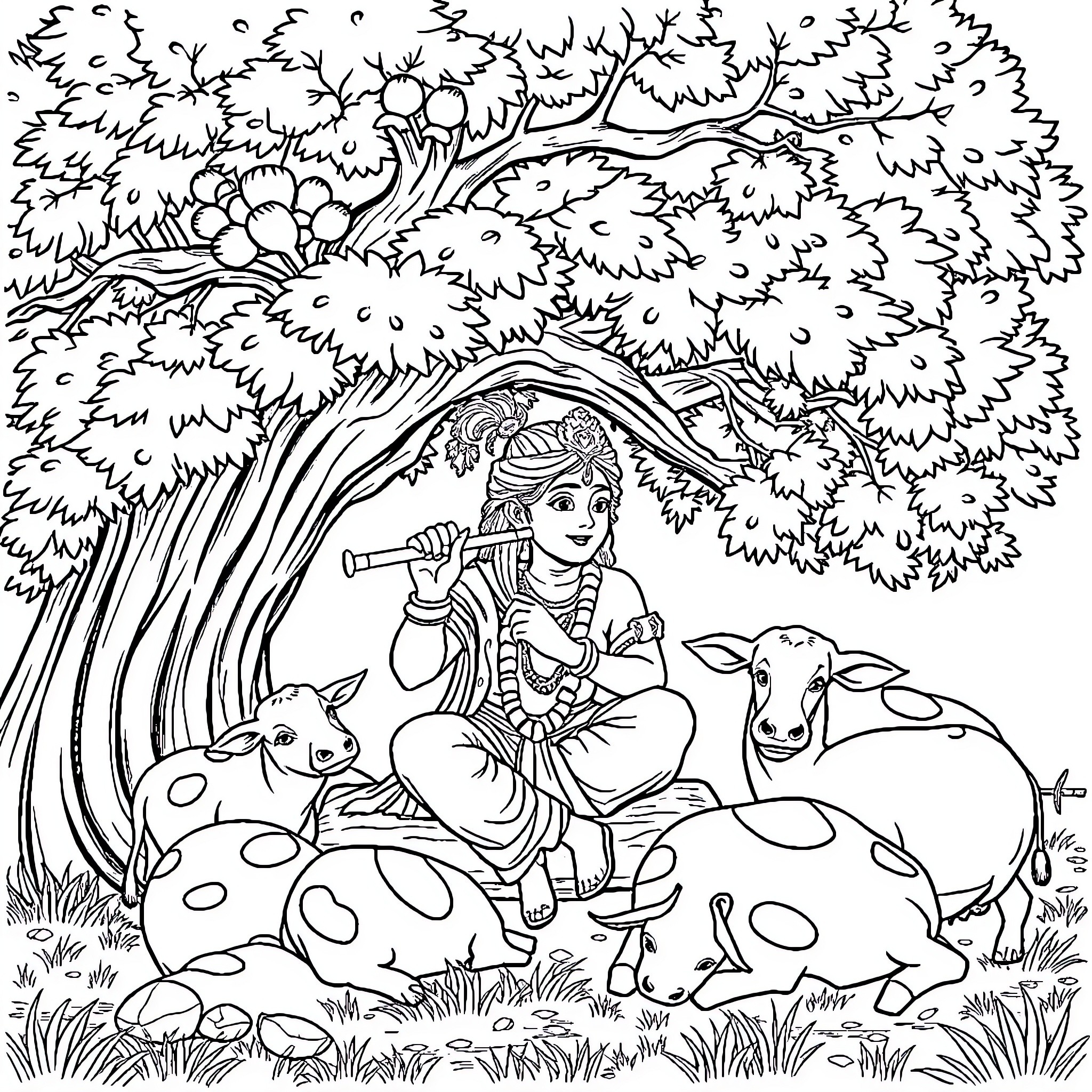 Lord Krishna playing with calves in a serene forest Coloring Page (free black-and-white line drawing printable PDF for all, from beginners to advanced learners, including children, teens, adults, and seniors)