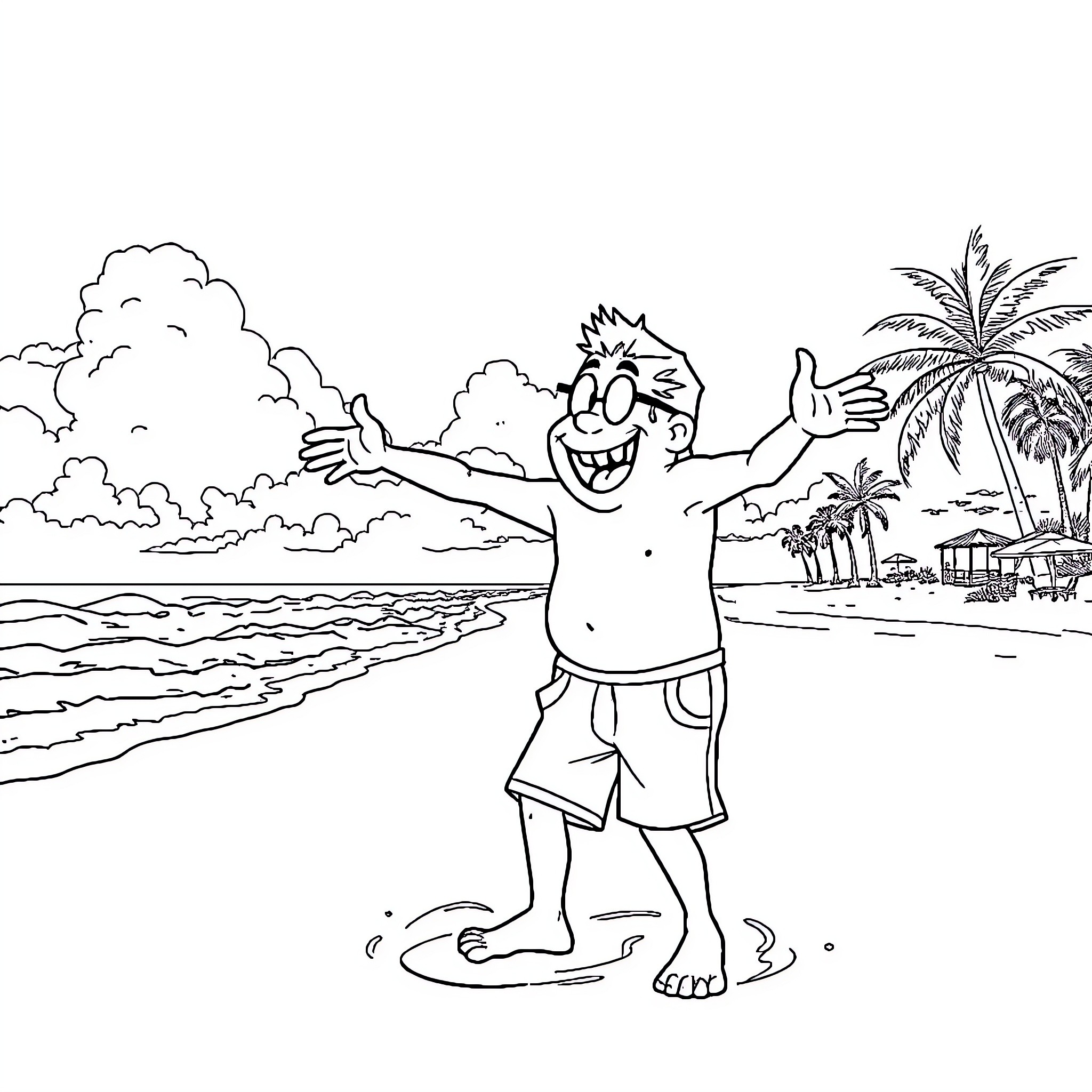 Bob esponja enjoying a sunny day at the beach Coloring Page (free black-and-white line drawing printable PDF for all, from beginners to advanced learners, including children, teens, adults, and seniors)