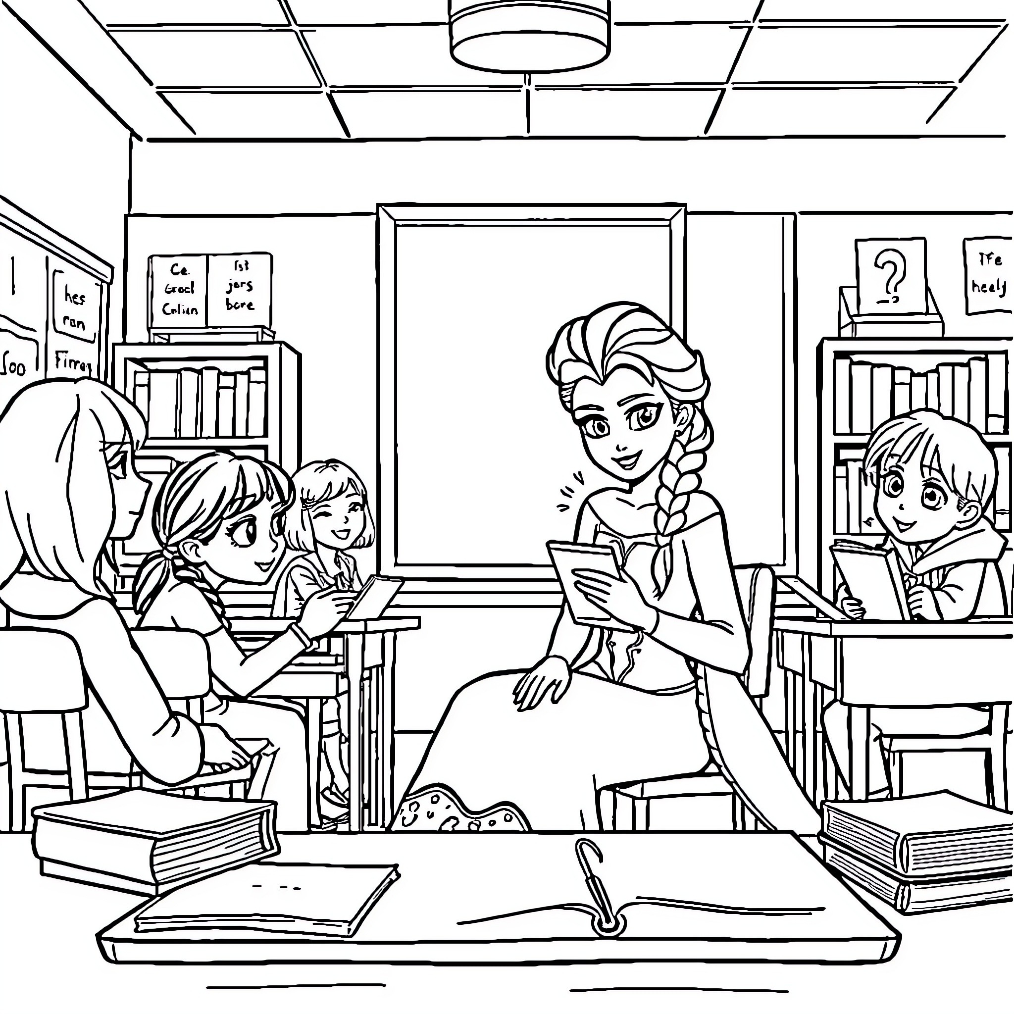 Elsa's School Adventure with Friends Coloring Page (free black-and-white line drawing printable PDF for all, from beginners to advanced learners, including children, teens, adults, and seniors)