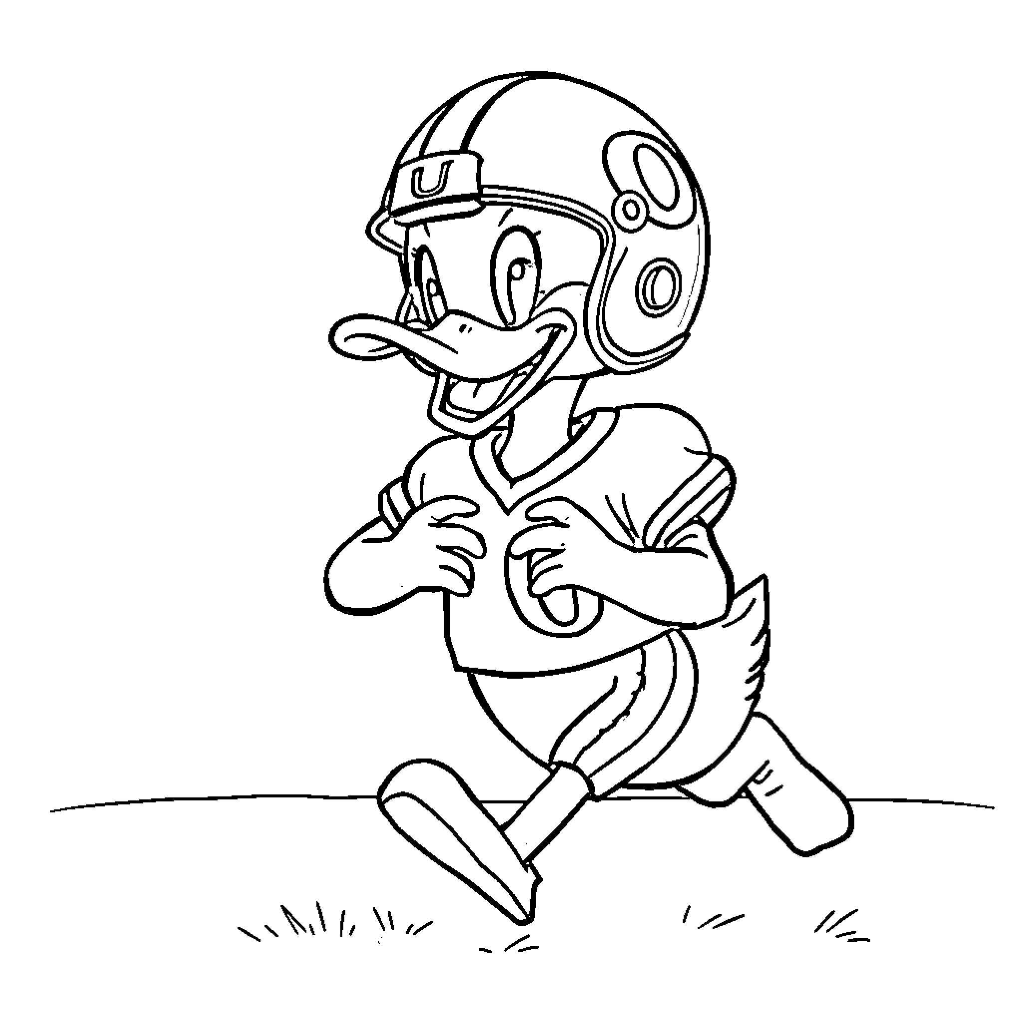 Duck running in a helmet Coloring Page (free black-and-white line drawing printable PDF for all, from beginners to advanced learners, including children, teens, adults, and seniors)
