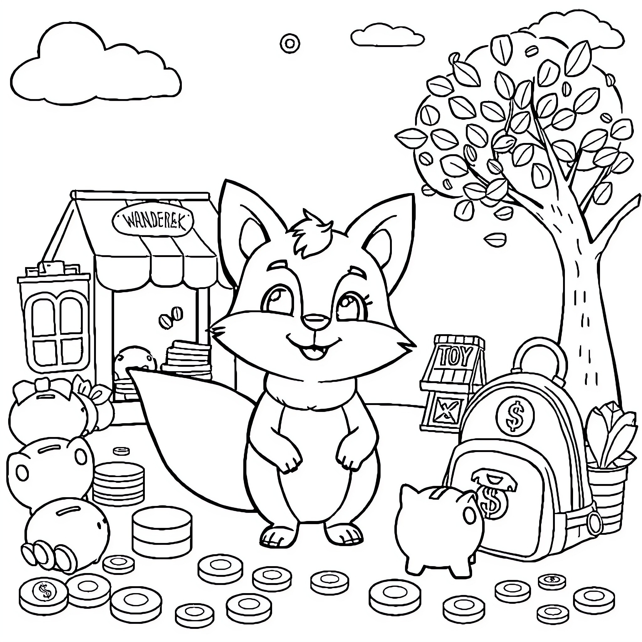 Fox Enjoying Picnic with Toys in the Park Coloring Page (free black-and-white line drawing printable PDF for all, from beginners to advanced learners, including children, teens, adults, and seniors)