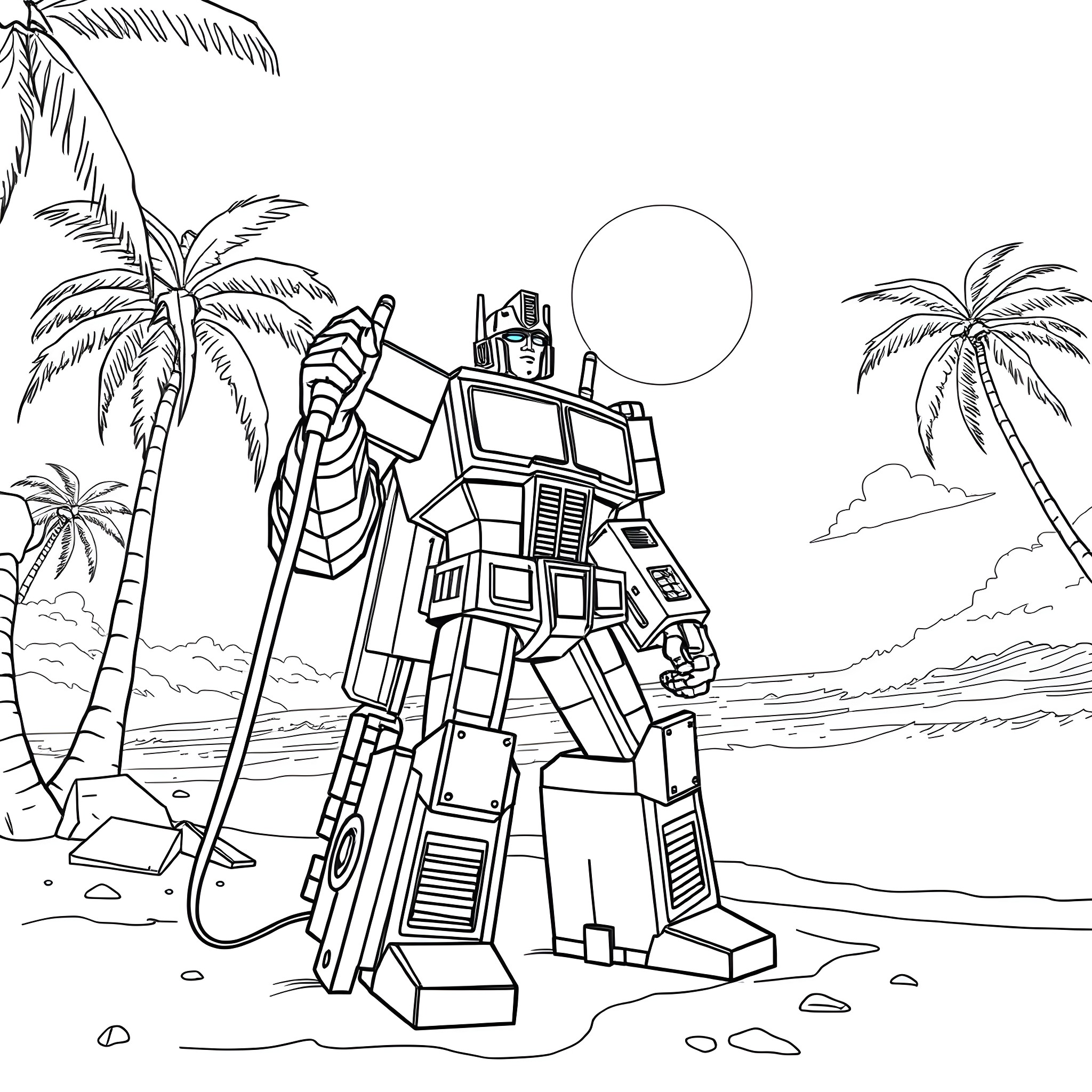 Optimus Prime standing tall on a tropical beach Coloring Page (free black-and-white line drawing printable PDF for all, from beginners to advanced learners, including children, teens, adults, and seniors)