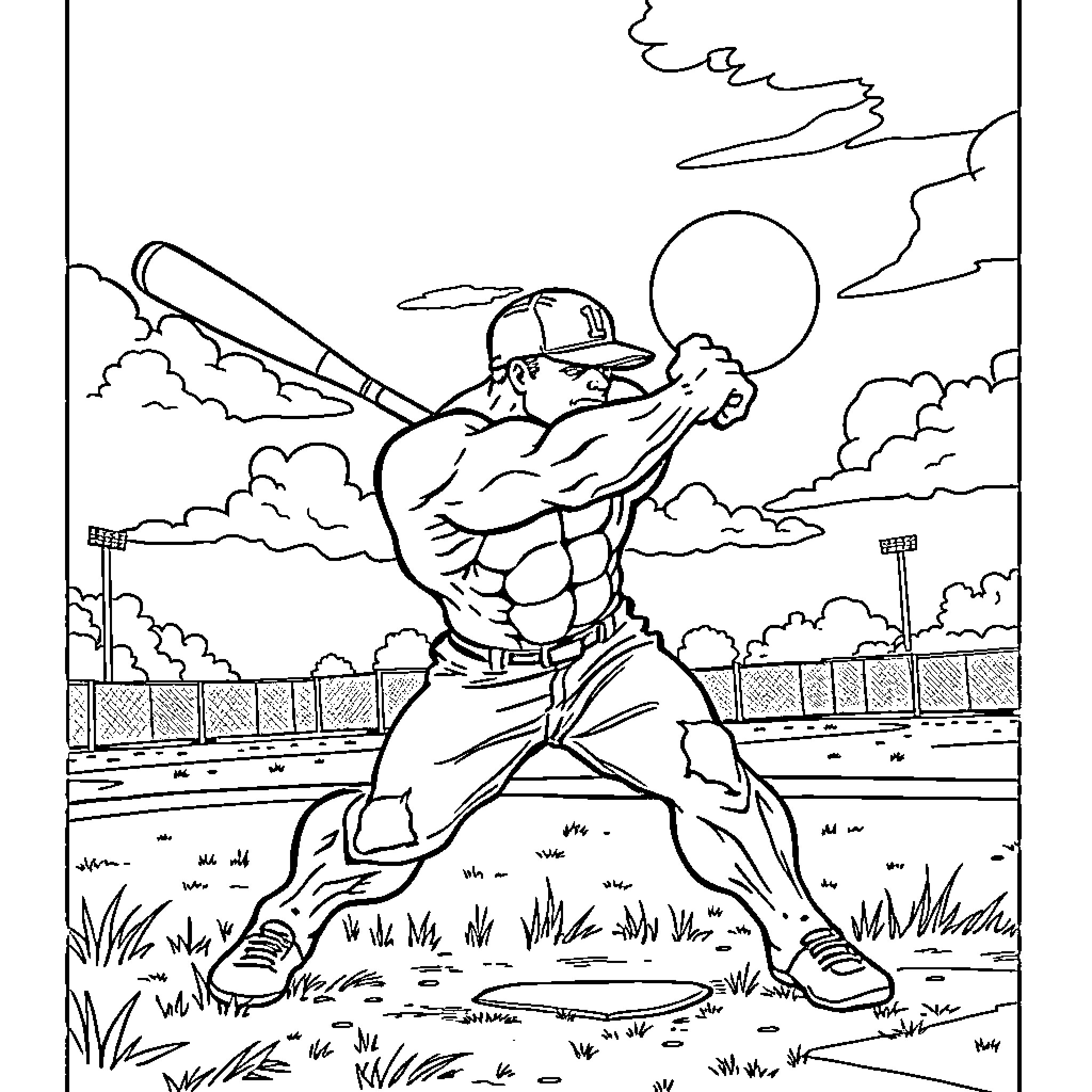 Hulk Baseball Player Swinging Bat on Field Coloring Page (free black-and-white line drawing printable PDF for all, from beginners to advanced learners, including children, teens, adults, and seniors)