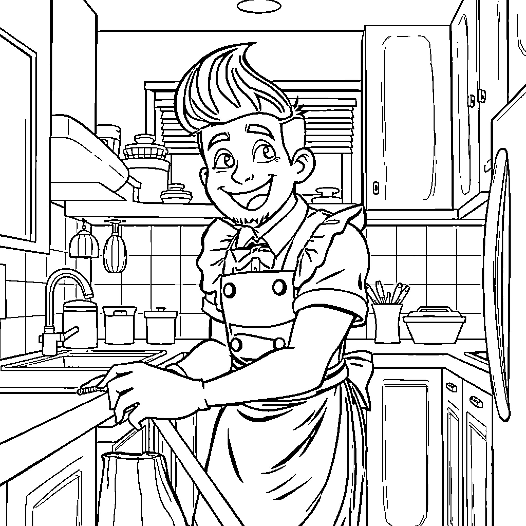 Markiplier in a cheerful cooking scene Coloring Page (free black-and-white line drawing printable PDF for all, from beginners to advanced learners, including children, teens, adults, and seniors)