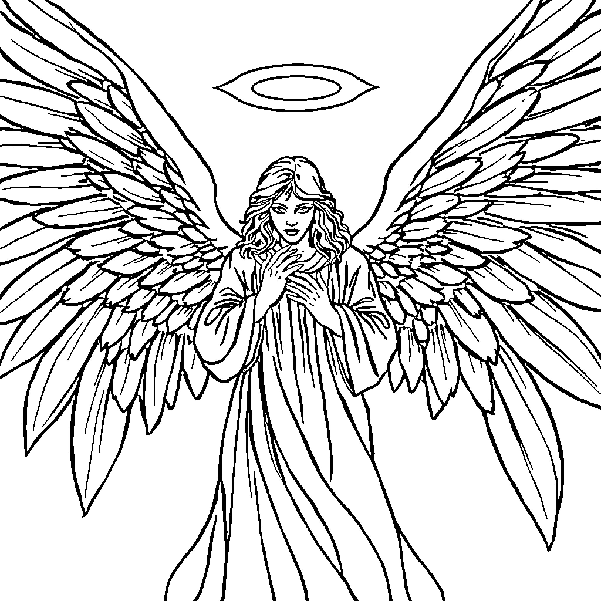 Angel with Outstretched Wings in Prayer Coloring Page (free black-and-white line drawing printable PDF for all, from beginners to advanced learners, including children, teens, adults, and seniors)