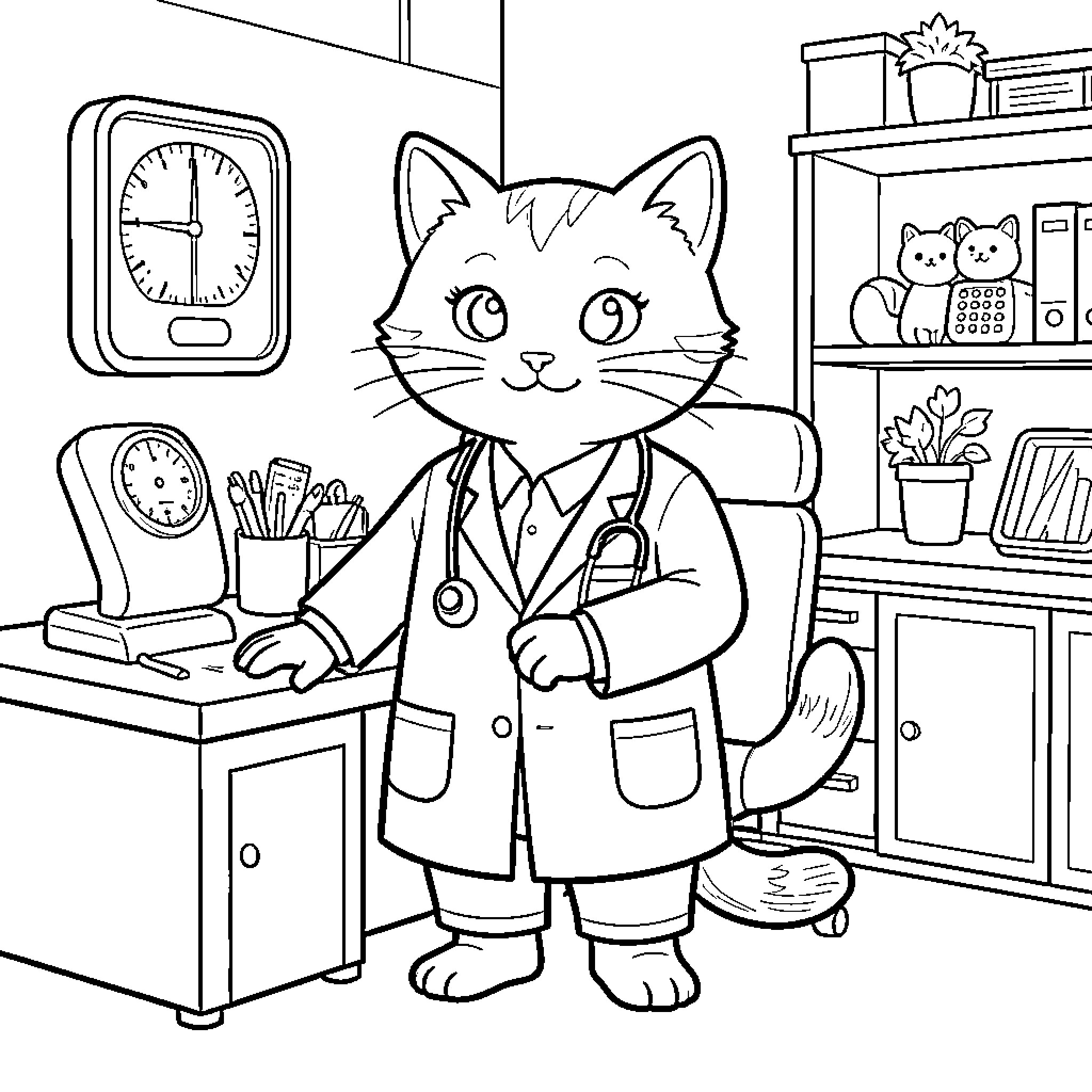 Gato the Friendly Veterinarian at Work Coloring Page (free black-and-white line drawing printable PDF for all, from beginners to advanced learners, including children, teens, adults, and seniors)