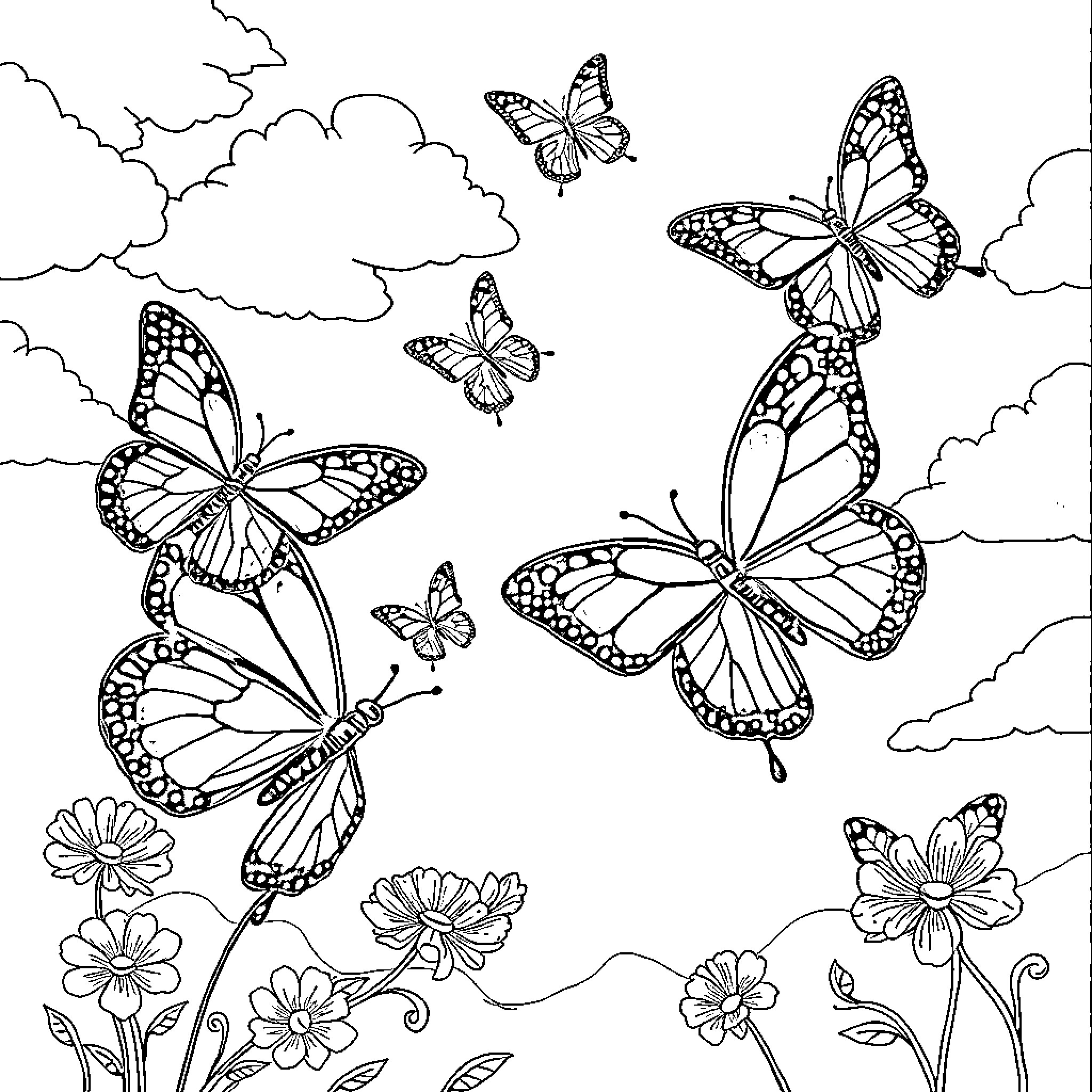 Butterfly Meadow with Vibrant Winged Creatures Coloring Page (free black-and-white line drawing printable PDF for all, from beginners to advanced learners, including children, teens, adults, and seniors)