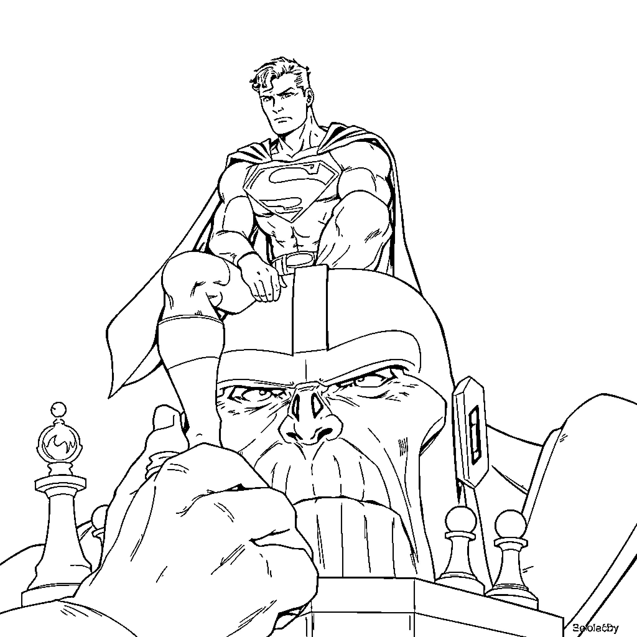Superman standing tall among chess pieces Coloring Page (free black-and-white line drawing printable PDF for all, from beginners to advanced learners, including children, teens, adults, and seniors)