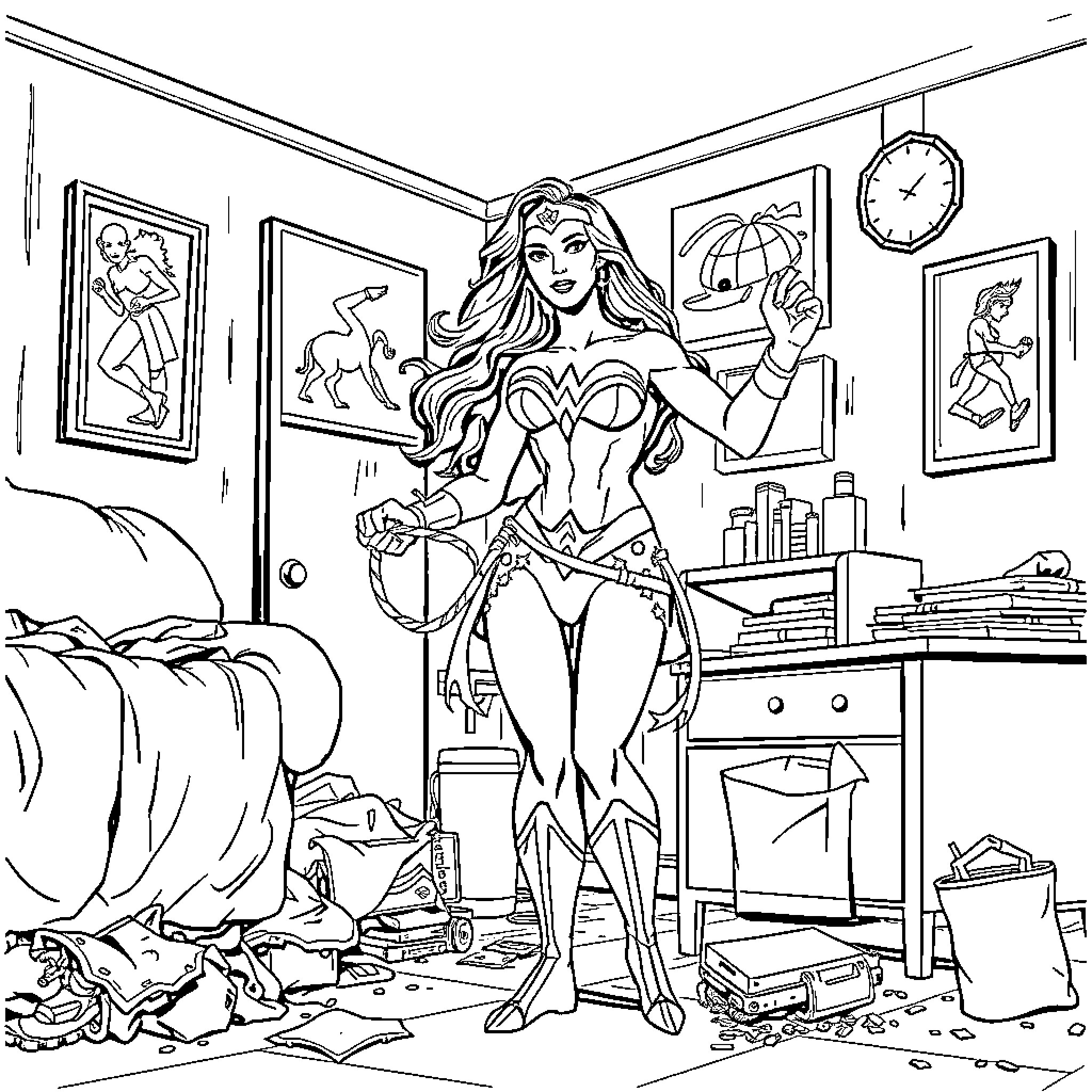 Wonder Woman in heroic action at her home Coloring Page (free black-and-white line drawing printable PDF for all, from beginners to advanced learners, including children, teens, adults, and seniors)