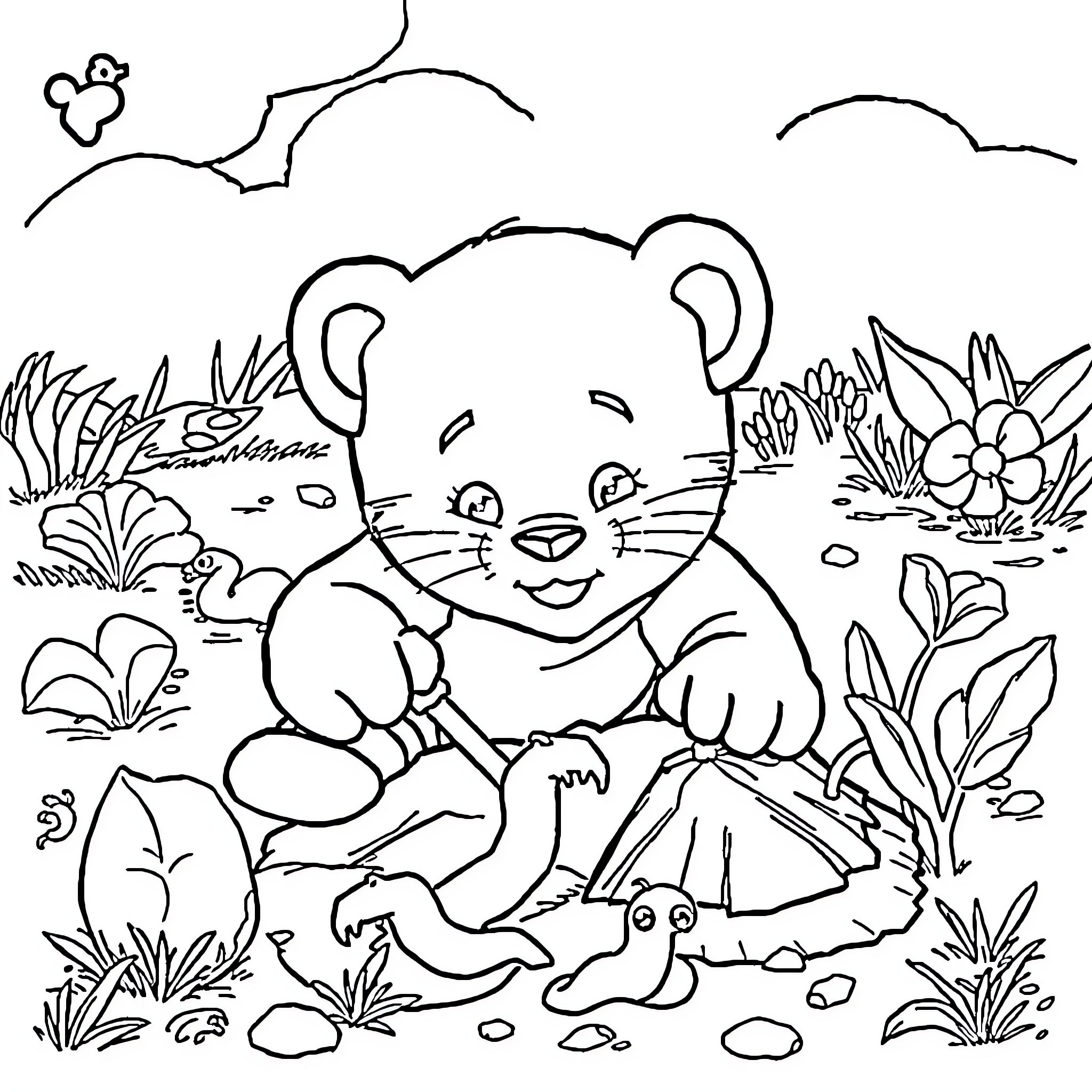 Daniel Tiger enjoying nature with animal friends Coloring Page (free black-and-white line drawing printable PDF for all, from beginners to advanced learners, including children, teens, adults, and seniors)