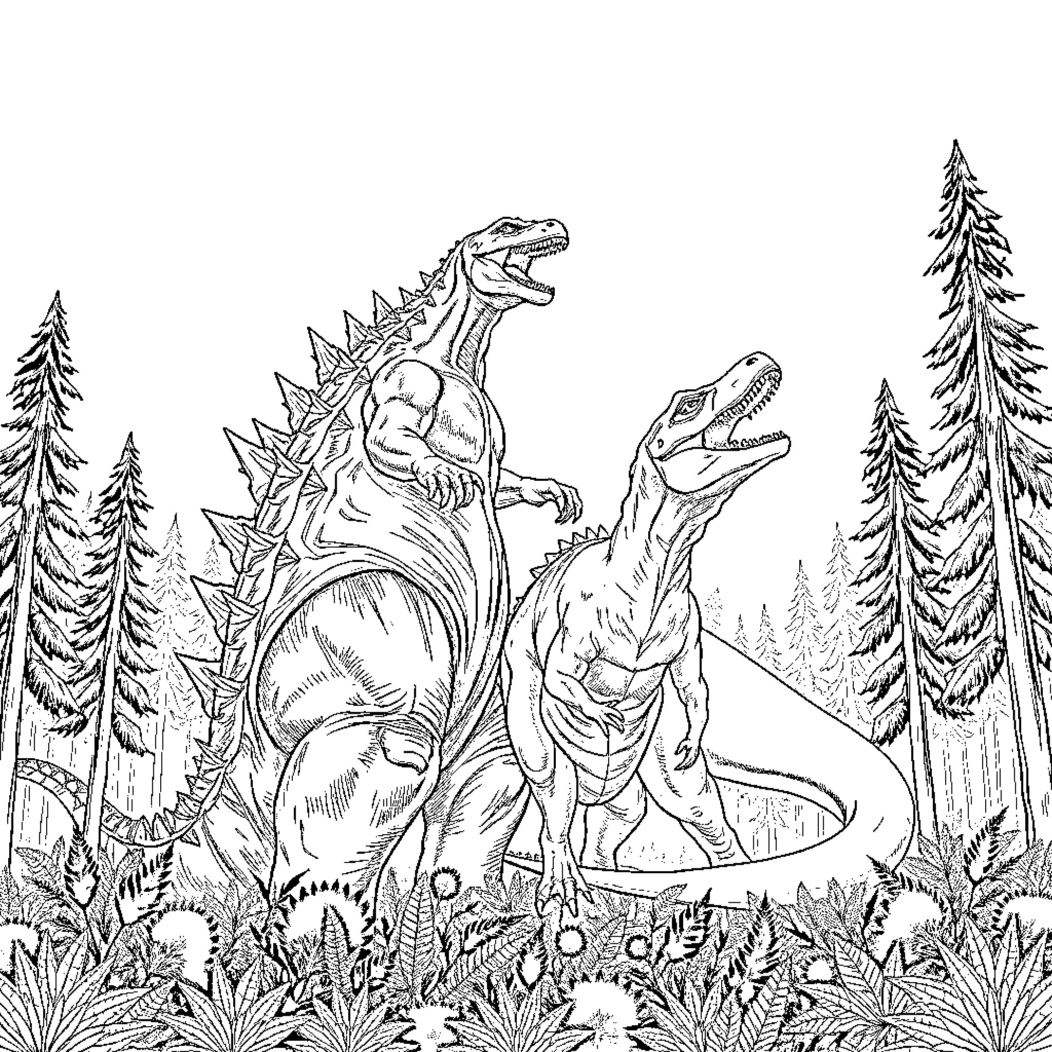 Godzilla's Prehistoric Encounter in the Primordial Forest Coloring Page (free black-and-white line drawing printable PDF for all, from beginners to advanced learners, including children, teens, adults, and seniors)