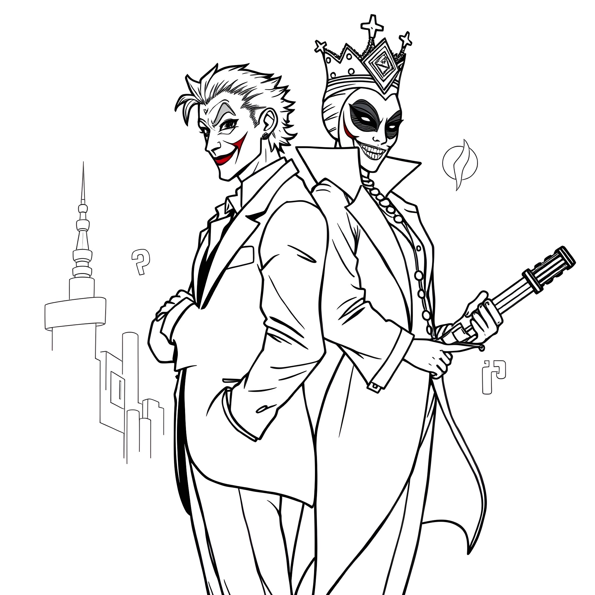 Joker and his Sinister Majesty in the City Coloring Page (free black-and-white line drawing printable PDF for all, from beginners to advanced learners, including children, teens, adults, and seniors)