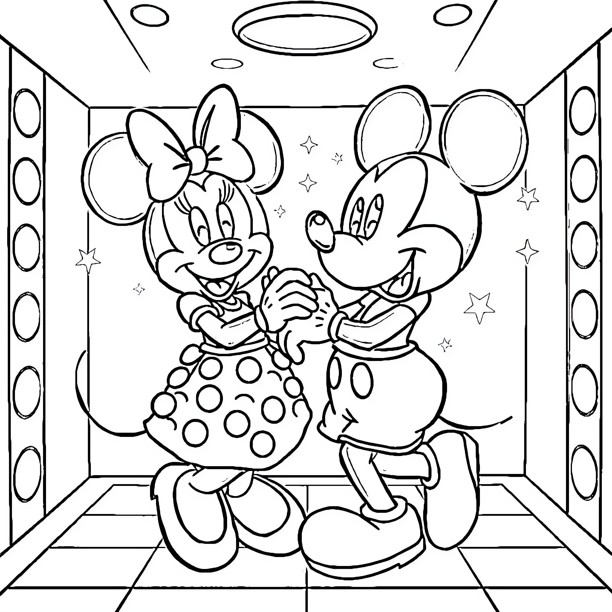 Mickey and Minnie Holding Hands Coloring Page (free black-and-white line drawing printable PDF for all, from beginners to advanced learners, including children, teens, adults, and seniors)