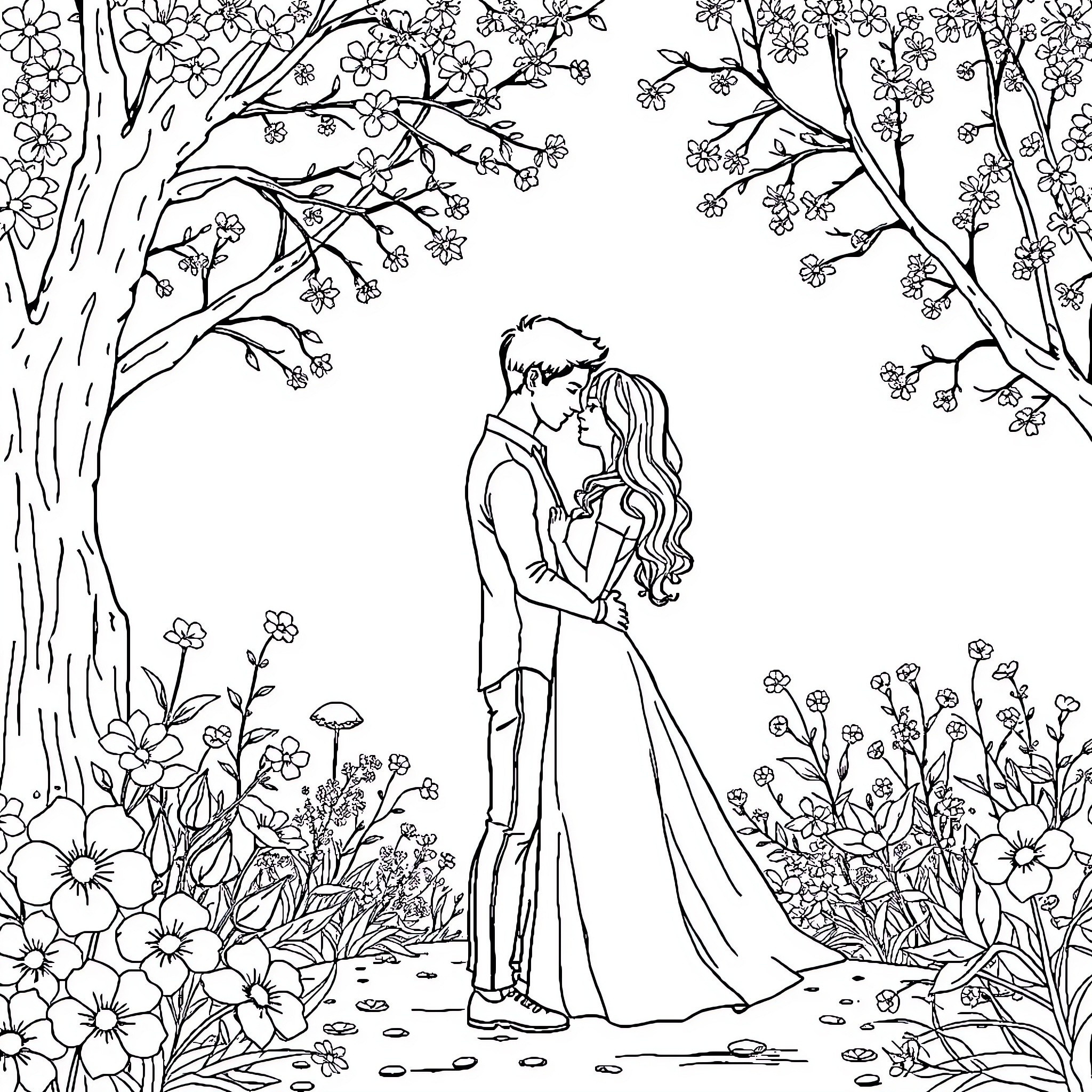 Amoureux in the enchanted garden Coloring Page (free black-and-white line drawing printable PDF for all, from beginners to advanced learners, including children, teens, adults, and seniors)