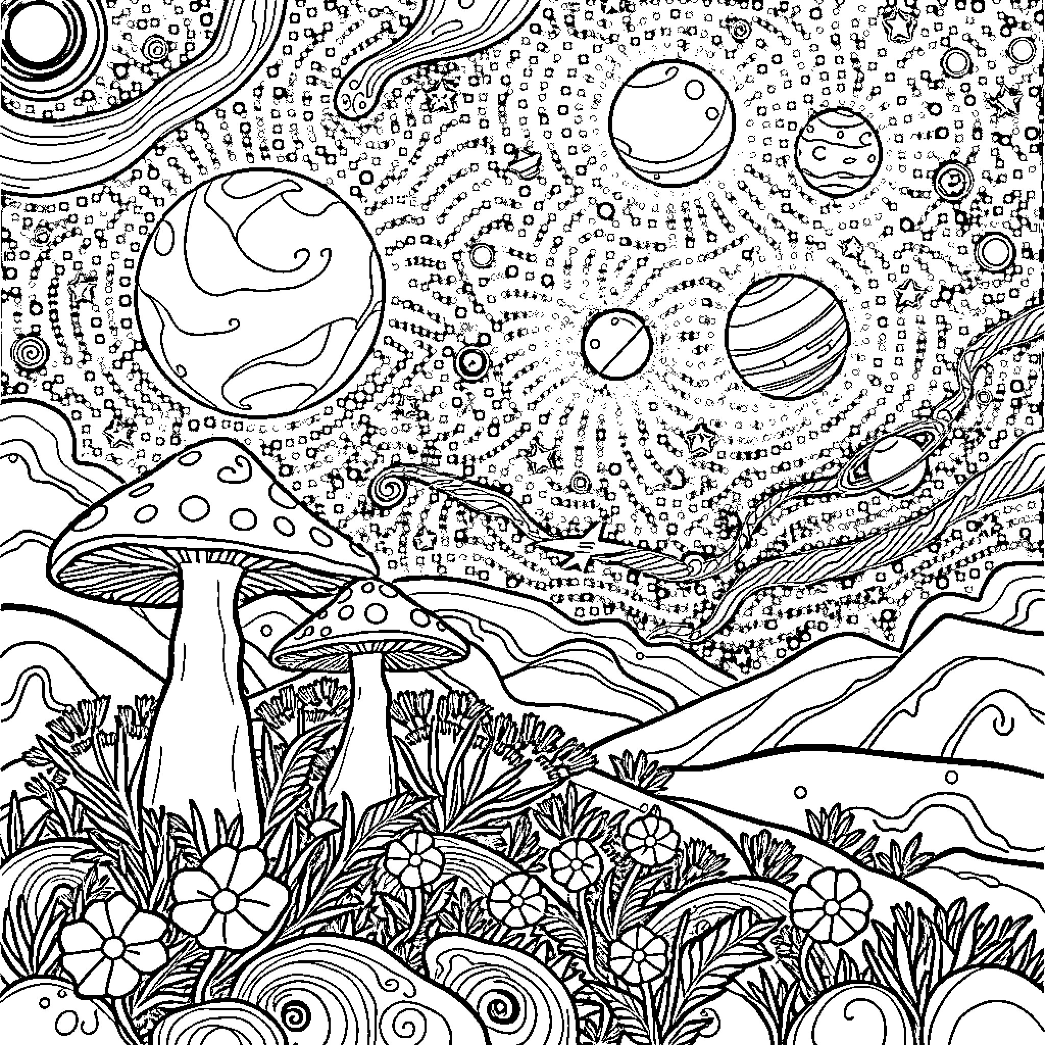 Mushroom Cosmic Landscape with Planets Coloring Page (free black-and-white line drawing printable PDF for all, from beginners to advanced learners, including children, teens, adults, and seniors)