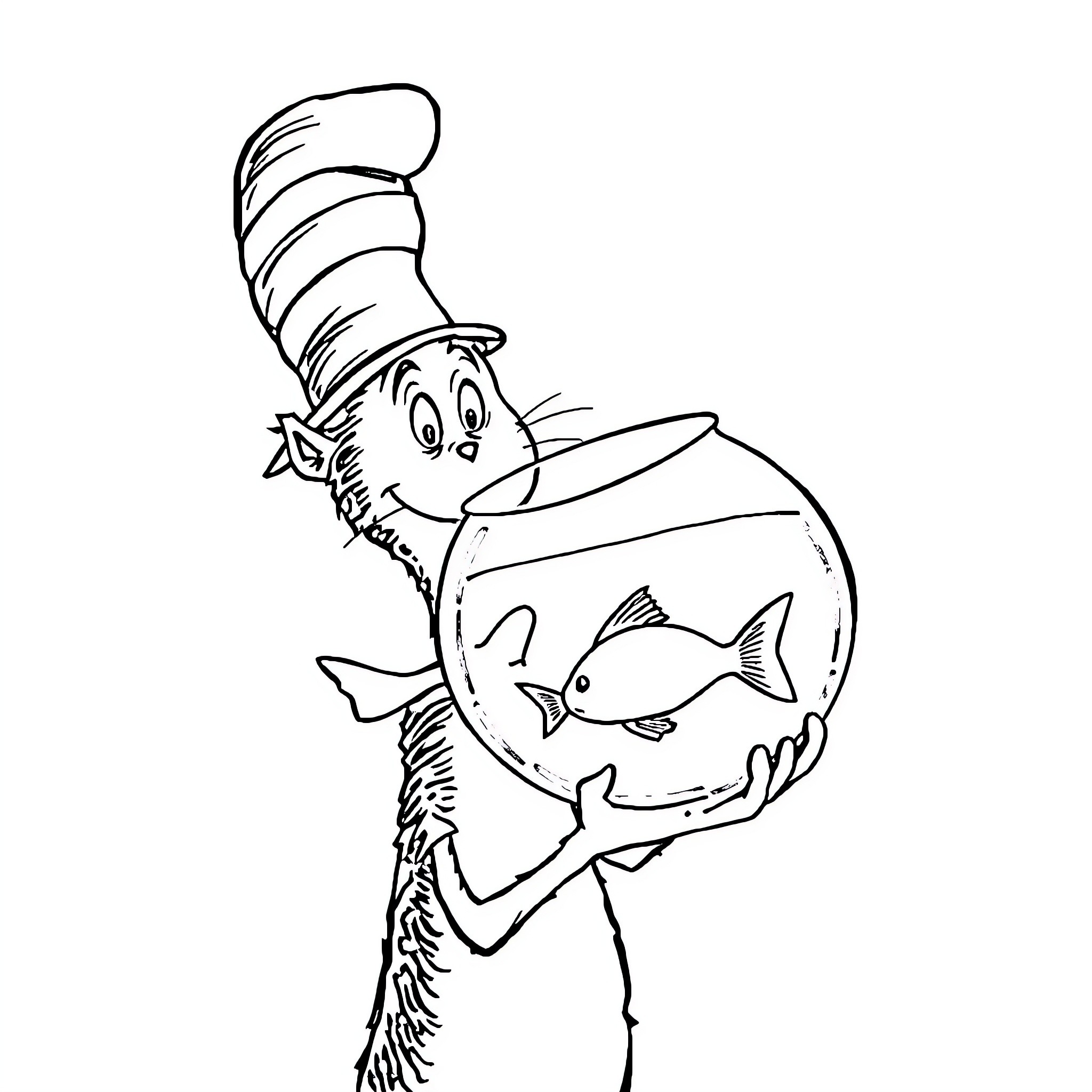 Cat carrying fish in a glass bowl Coloring Page (free black-and-white line drawing printable PDF for all, from beginners to advanced learners, including children, teens, adults, and seniors)