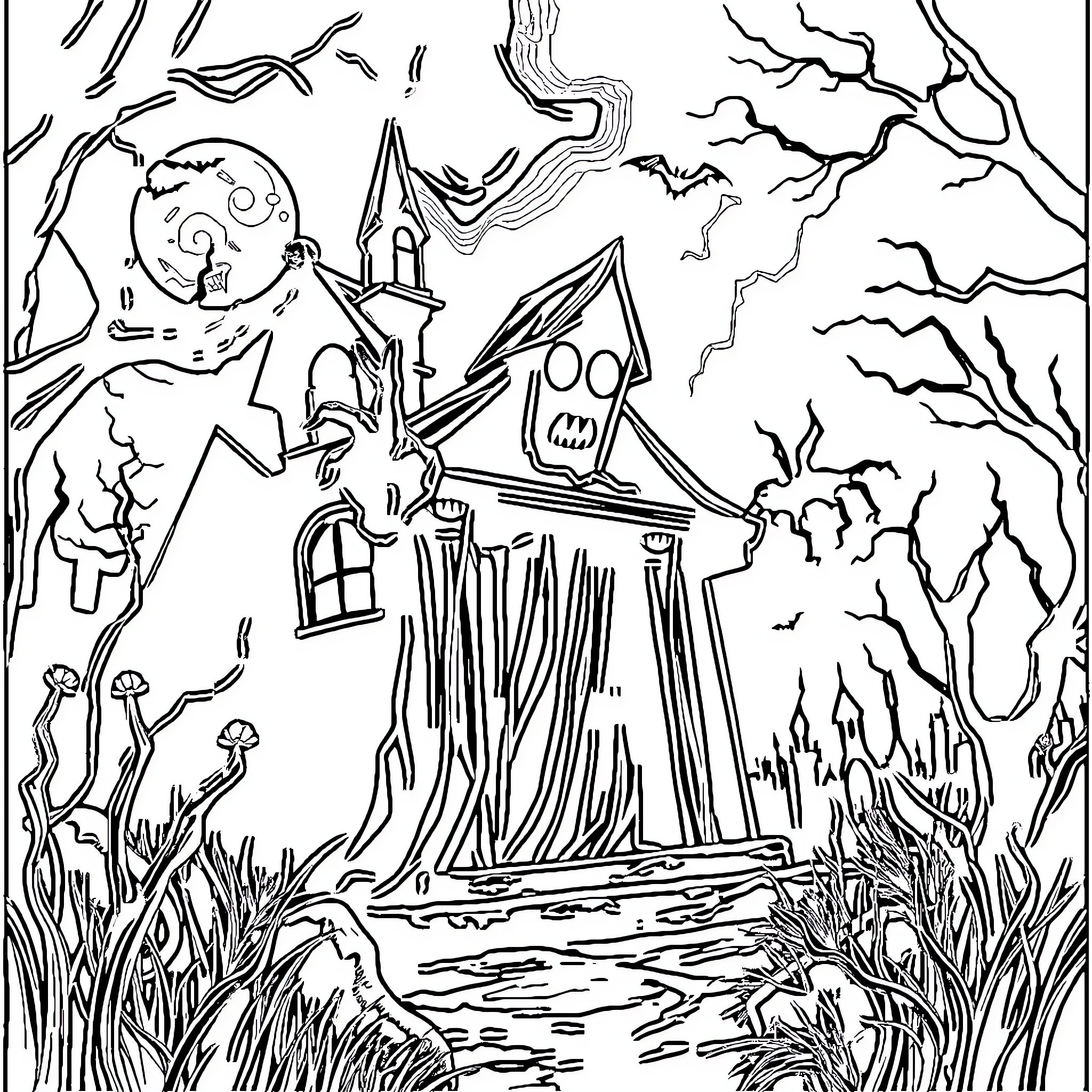 Horror Haunted House in Creepy Moonlit Landscape Coloring Page (free black-and-white line drawing printable PDF for all, from beginners to advanced learners, including children, teens, adults, and seniors)