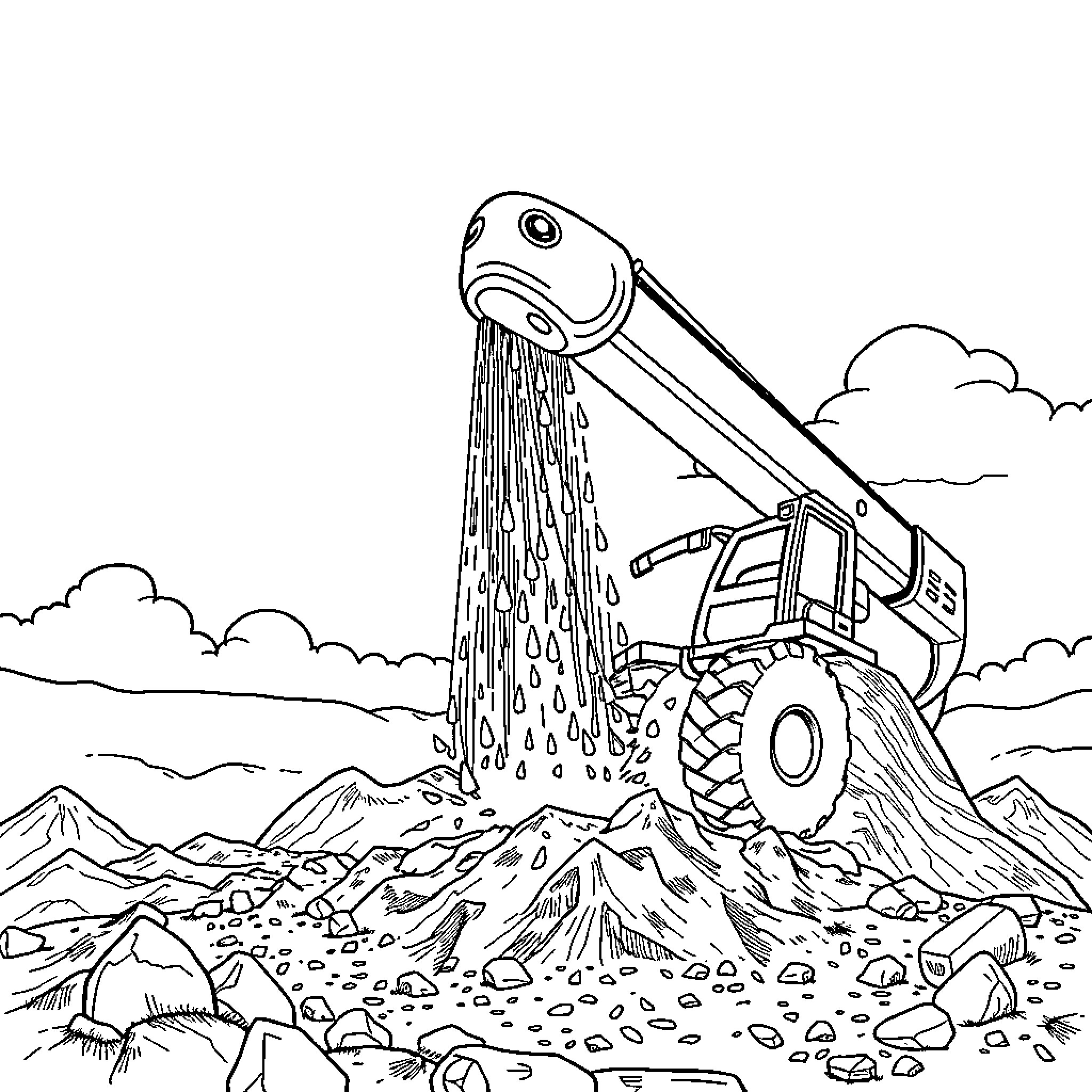 Excavator performing construction work at a rocky site Coloring Page (free black-and-white line drawing printable PDF for all, from beginners to advanced learners, including children, teens, adults, and seniors)
