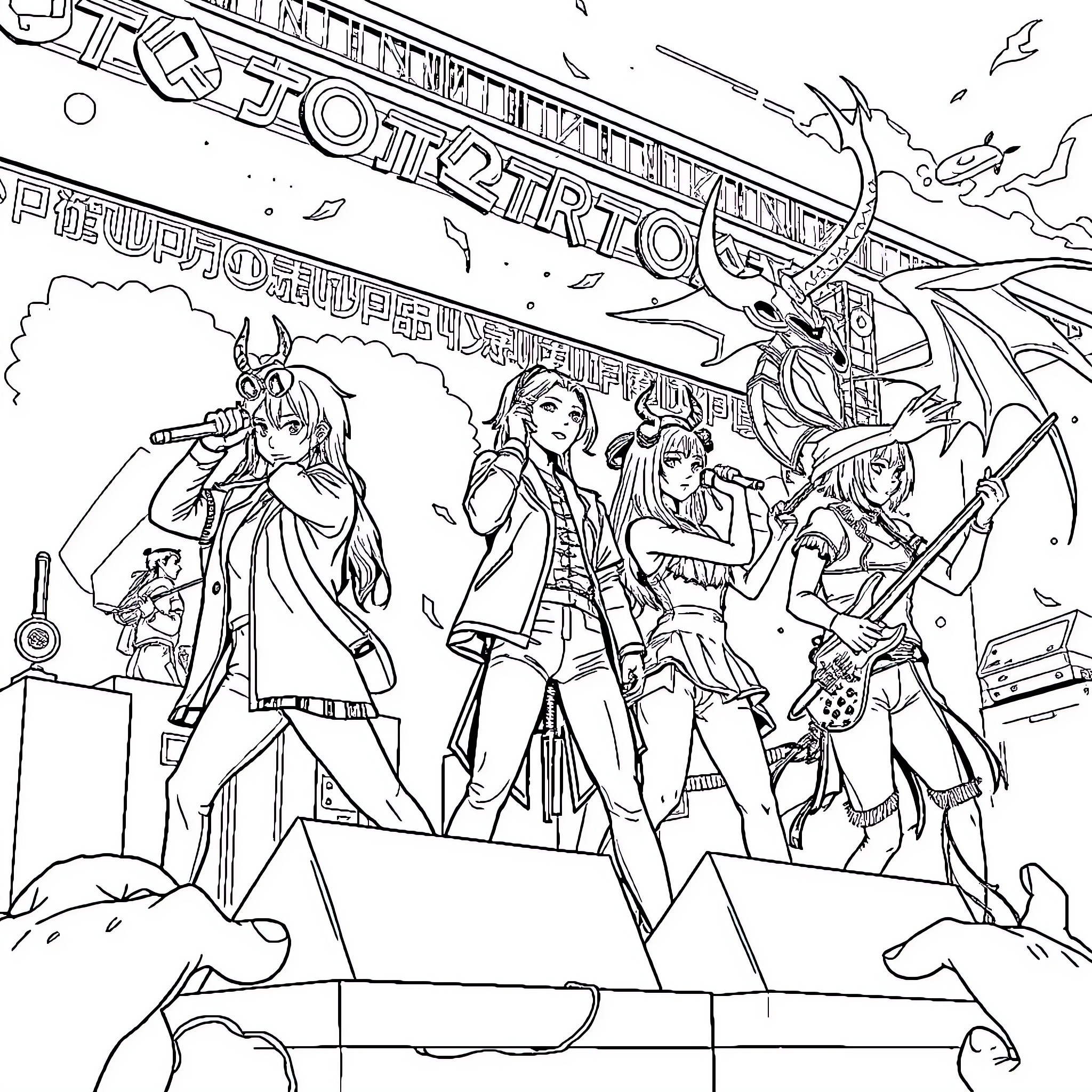 Demon Hunter Quartet - Heroic Clash Against Supernatural Foes Coloring Page (free black-and-white line drawing printable PDF for all, from beginners to advanced learners, including children, teens, adults, and seniors)