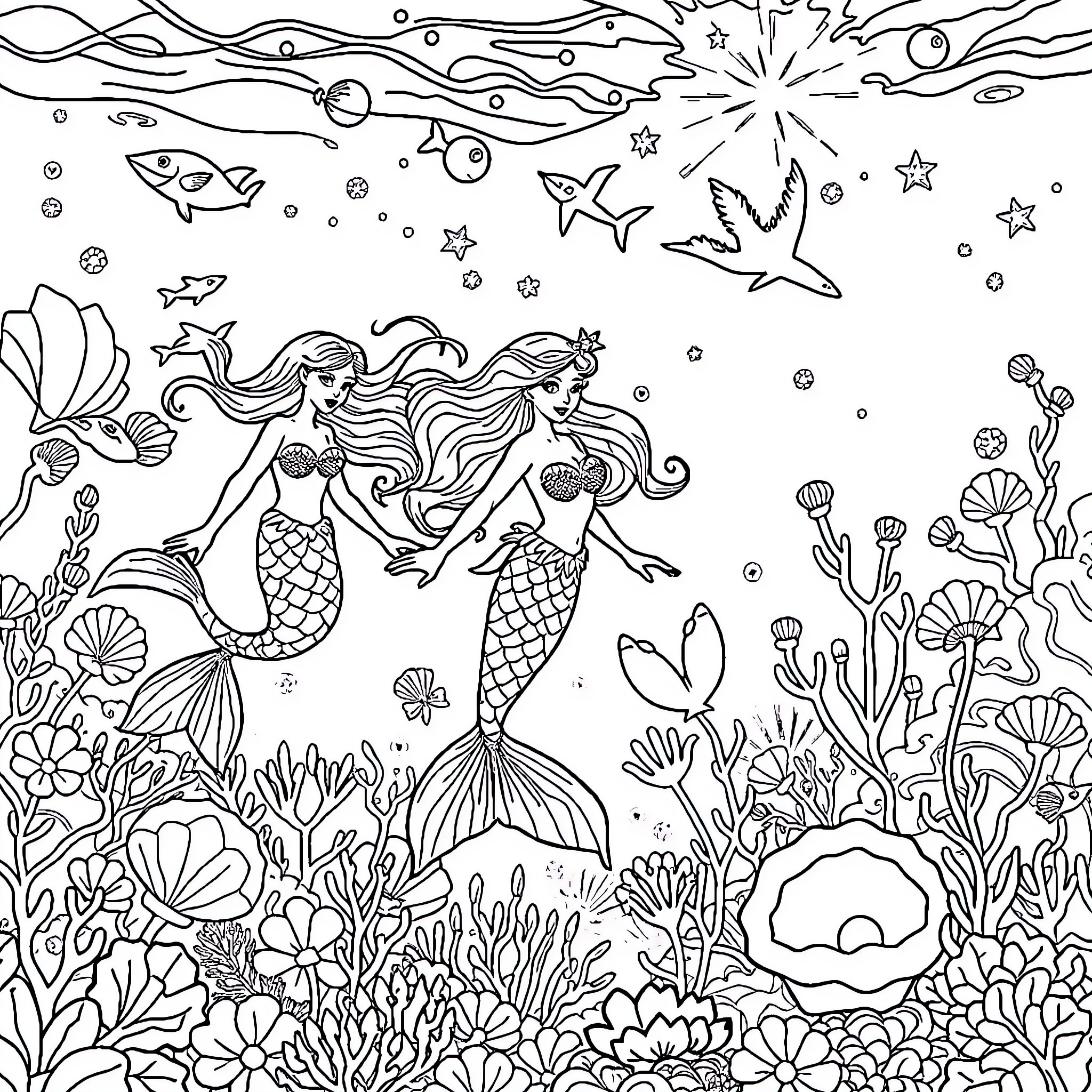 Mermaid Sisters Exploring the Enchanting Underwater World Coloring Page (free black-and-white line drawing printable PDF for all, from beginners to advanced learners, including children, teens, adults, and seniors)