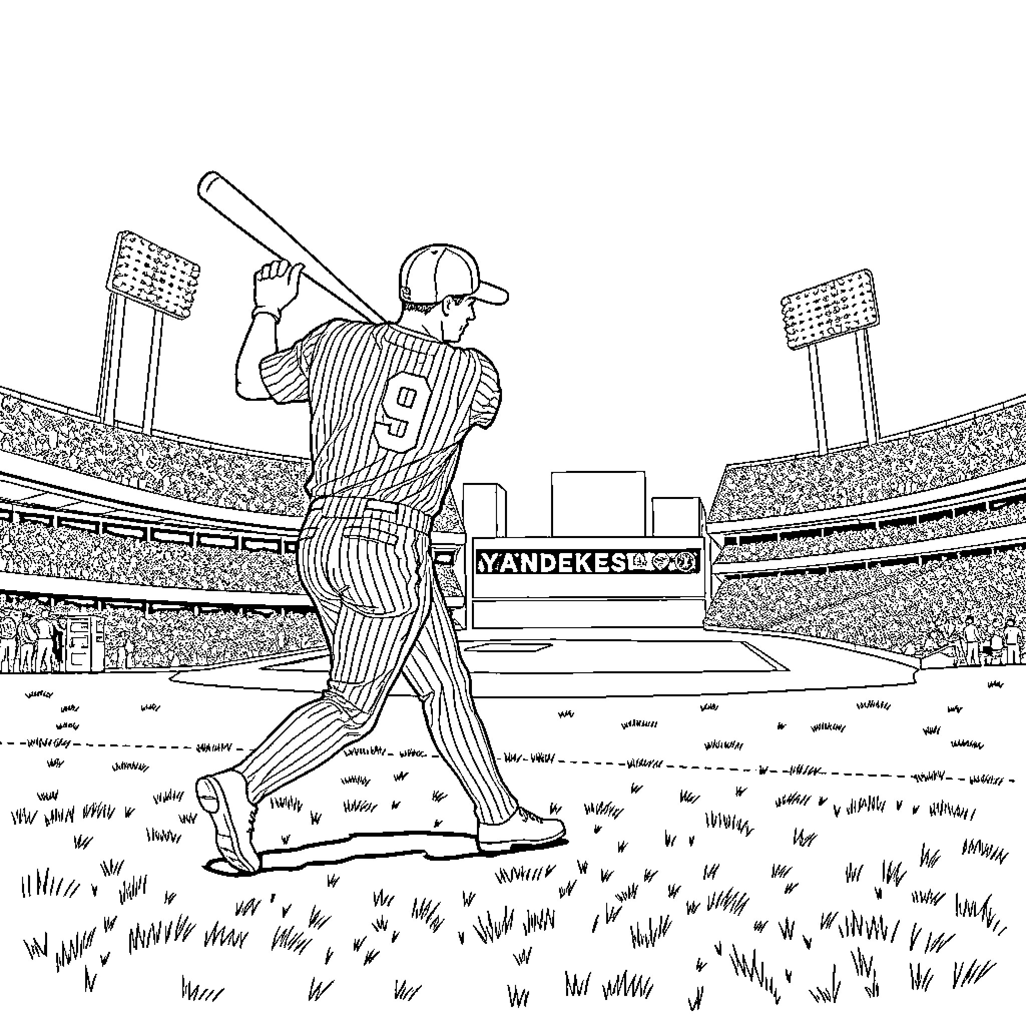 Fox baseball player batting in the stadium Coloring Page (free black-and-white line drawing printable PDF for all, from beginners to advanced learners, including children, teens, adults, and seniors)