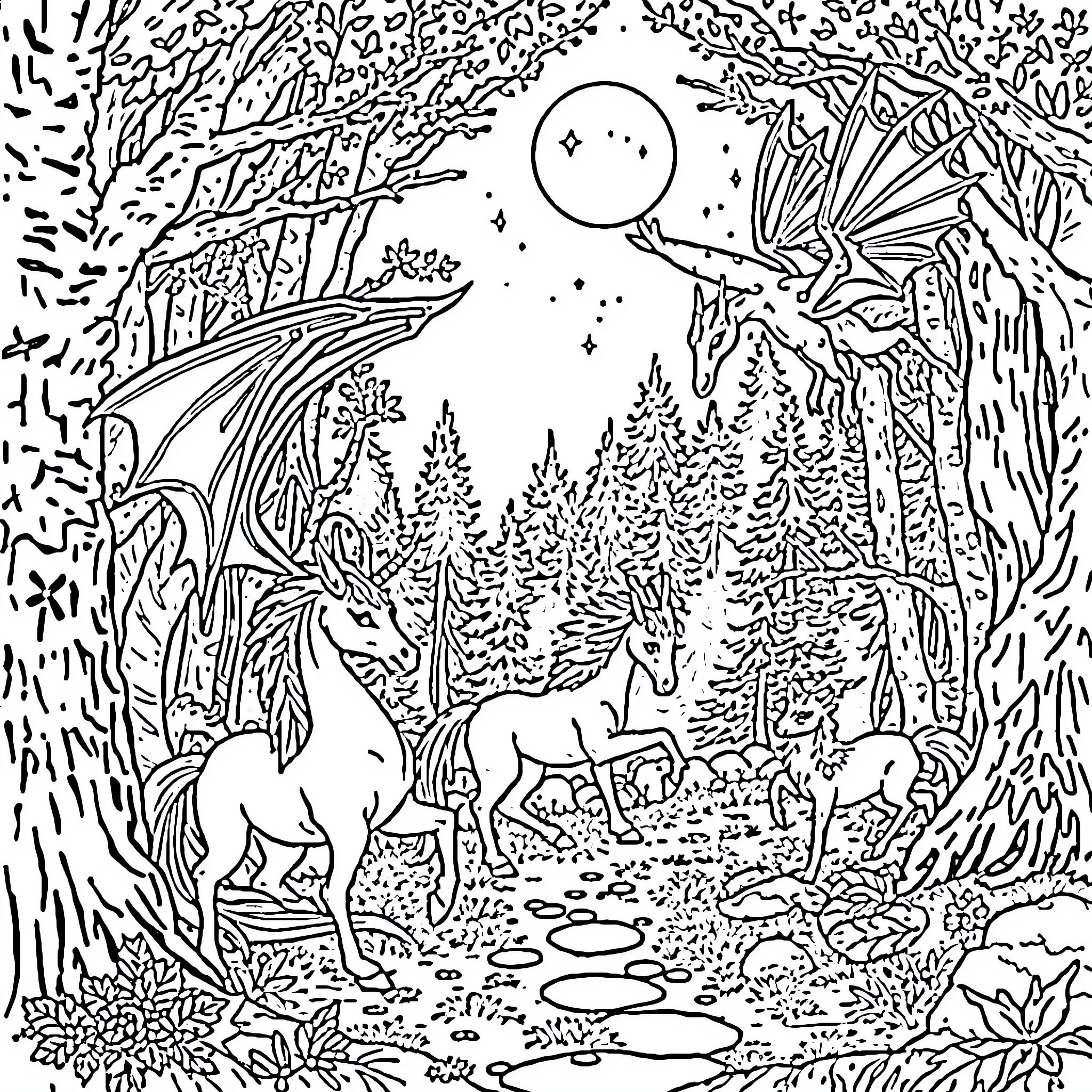Mythical Creatures in a Mystical Forest Coloring Page (free black-and-white line drawing printable PDF for all, from beginners to advanced learners, including children, teens, adults, and seniors)